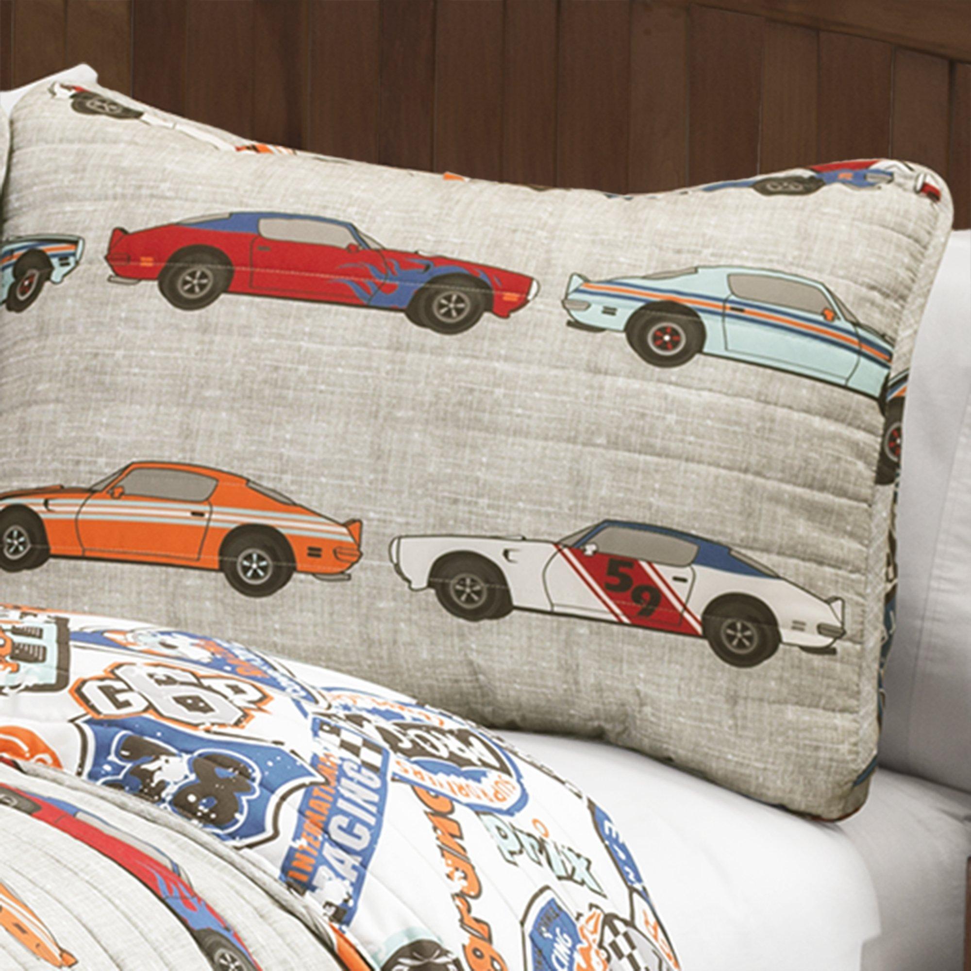 Lush Decor Lush Decor Race Car Kids\' 3-Piece Quilt Bed Set, Reversible Bedding Set for Boys, Blue & Orange, Full/Queen