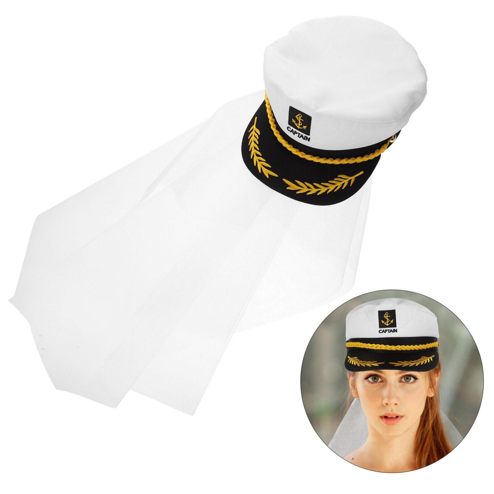 VOSAREA VOSAREA Bridal Sailor Captain Hat with White Veils Bachelorette Party Favor Bridal Party Hats Bride Cap for Bride to Be Beach Boat Nautical Yacht Cosplays Costumes
