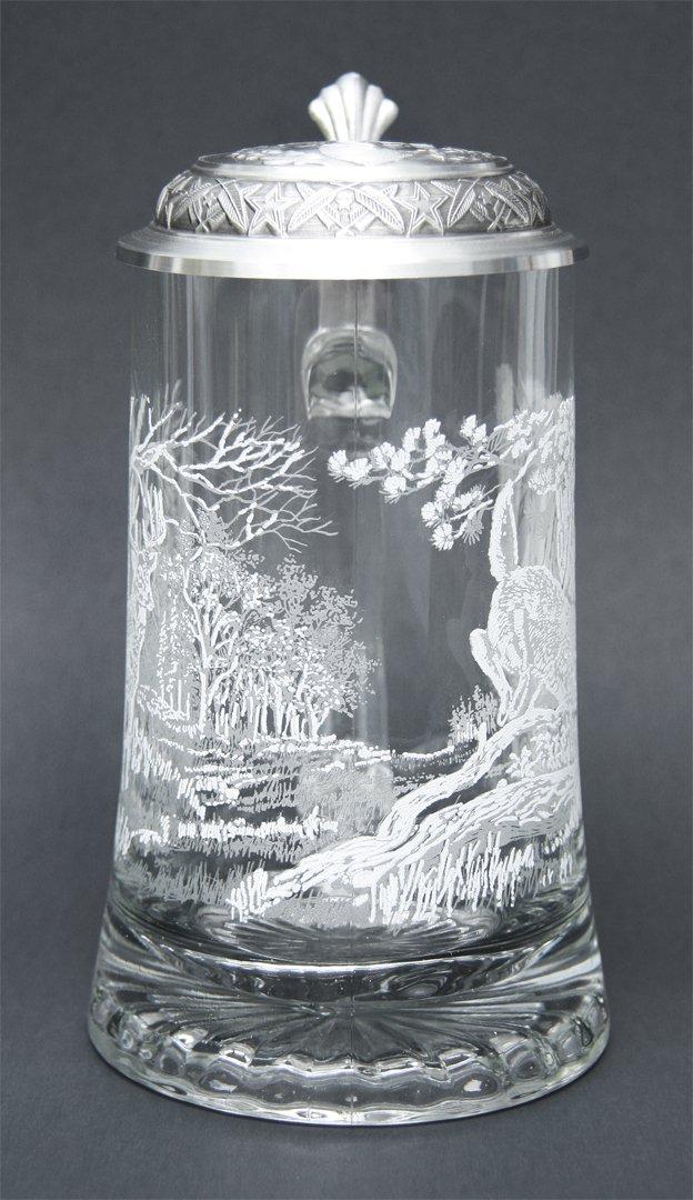Cornell JAMES MEGER GLASS WHITE TAIL DEER STEIN, Etched German Glass Beer Stein w/ Pewter Lid, Made in Germany