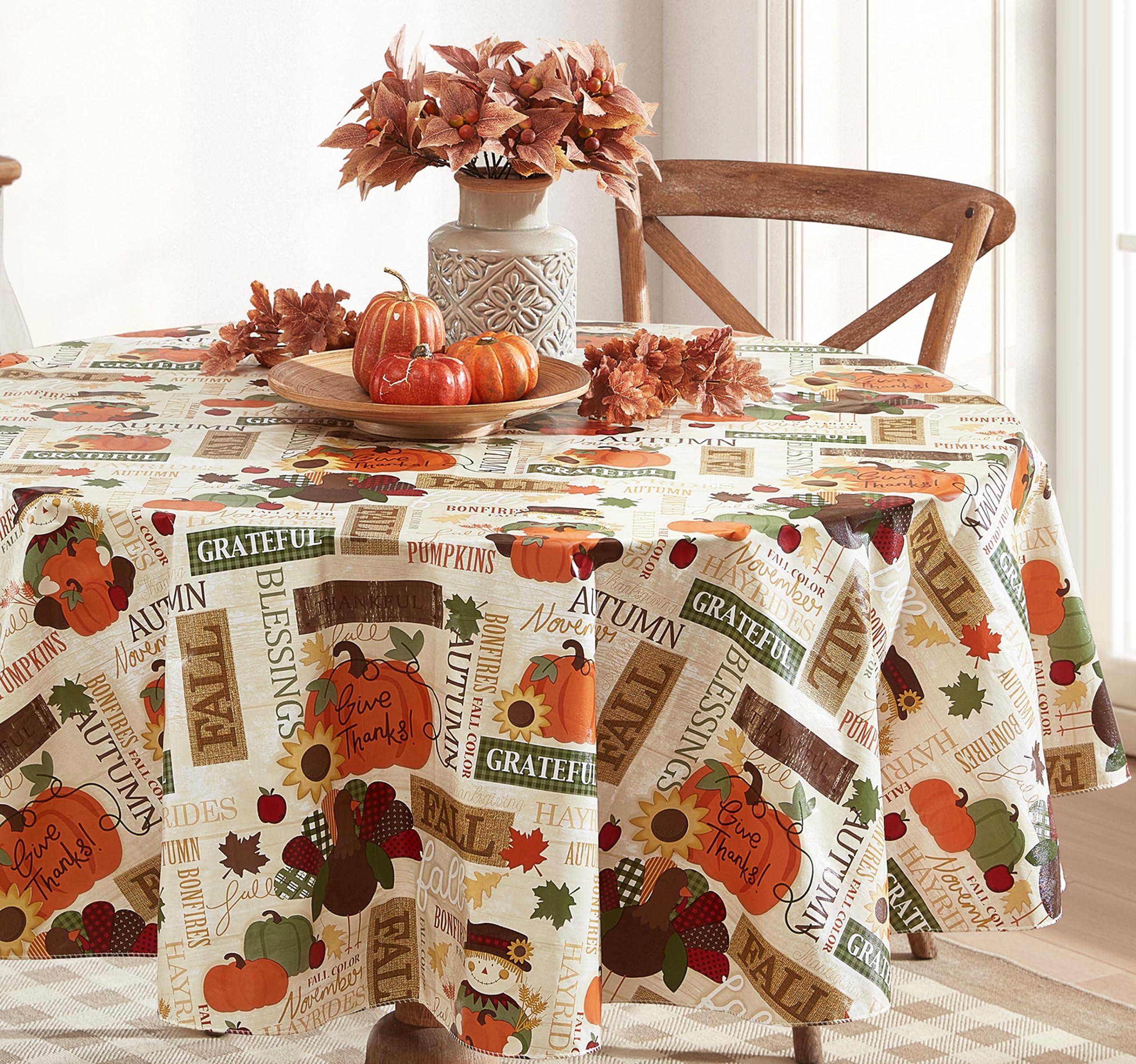 Newbridge Newbridge Fall Hayride and Happy Scarecrow Thanksgiving Vinyl Flannel Backed Tablecloth, Gingham Turkeys and Pumpkin Rustic Autumn Vinyl Tablecloth with Flannel Backing, 70 Round