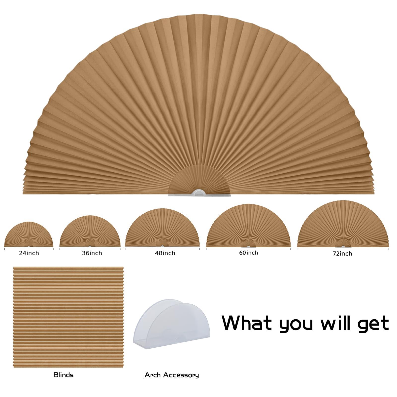 Jlong Arch Window Shade Curtains Half Circle Moon Pleated Fabric Blinds Semi Circle Temporary Light Filtering Pleated Paper Shades Half Round Window Covering Easy to Cut and Install(1,Brown,48x24Inches)