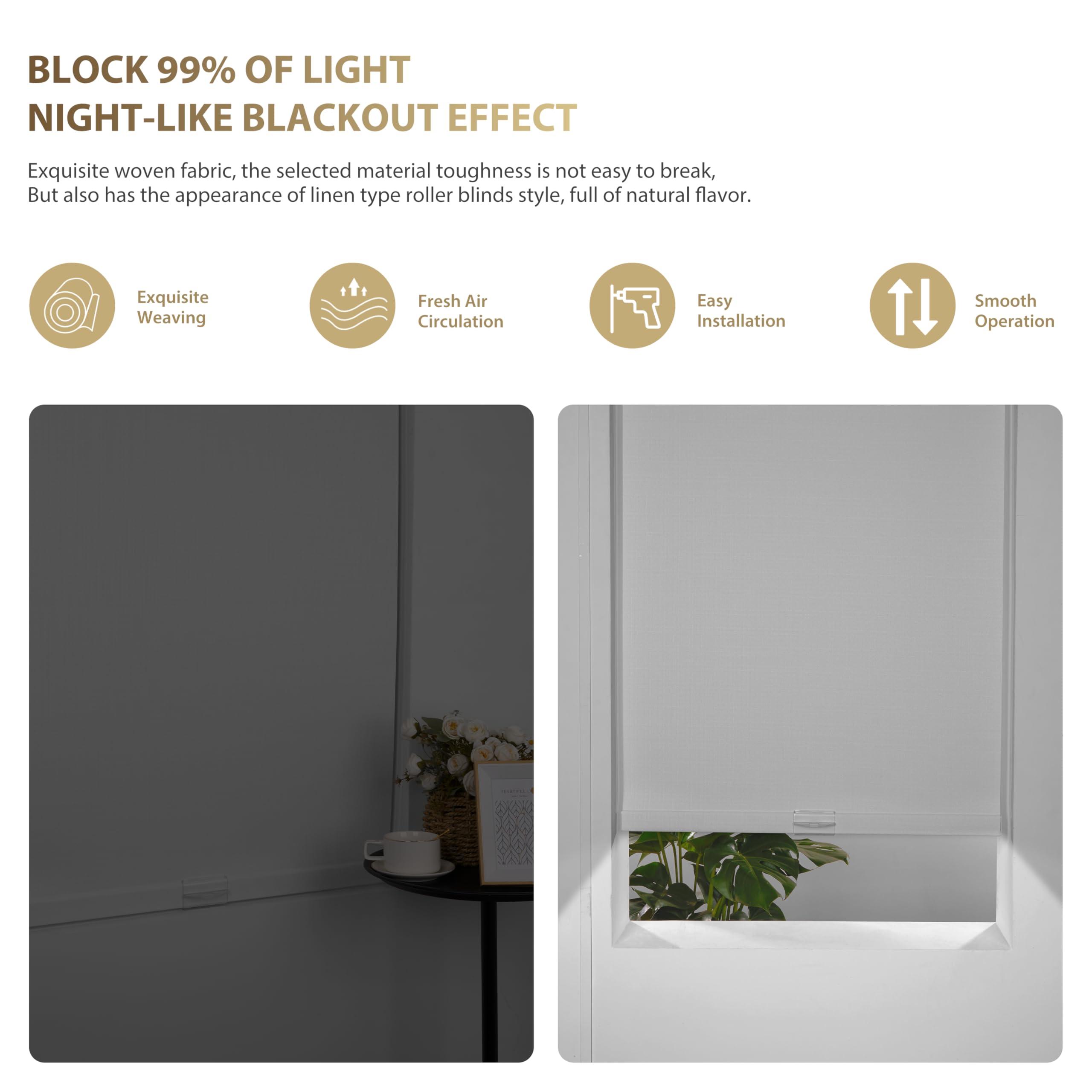 HOTSOON HOTSOON Blackout Linen Roller Shades for Windows Cordless Room Darkening Roller Blinds Easy to Install with Cassette Valance Black Out Window Shades for Home Office Living Room White,64" W x 72" H