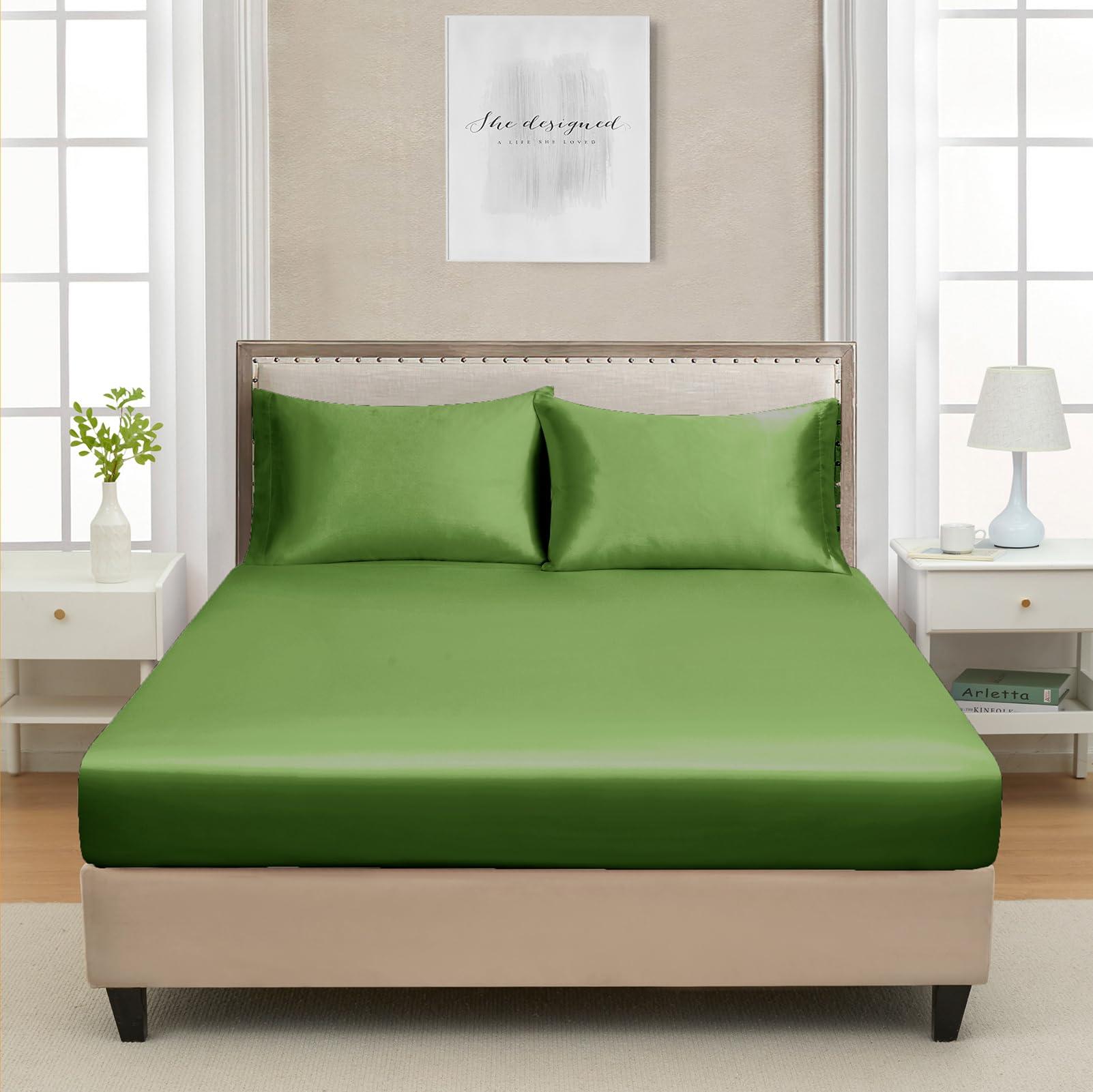 Lanest Housing California King Silk Satin Fitted Sheet, Soft Deep Pocket Single Bottom Bed Sheets Sold Separately, Wrinkle Free, Non- Fading, Breathable, Fully Elasticized(Cal King Size, Sage Green)