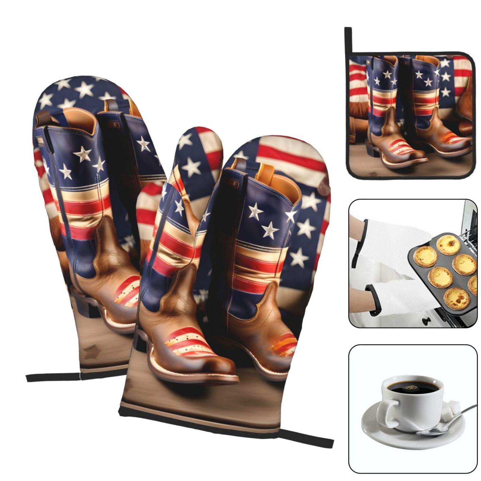 ZISHAK American Flag with Cowboy Boots Oven Mitts and Pot Holders SetUltimate Heat Resistant Set for Kitchen and Dining