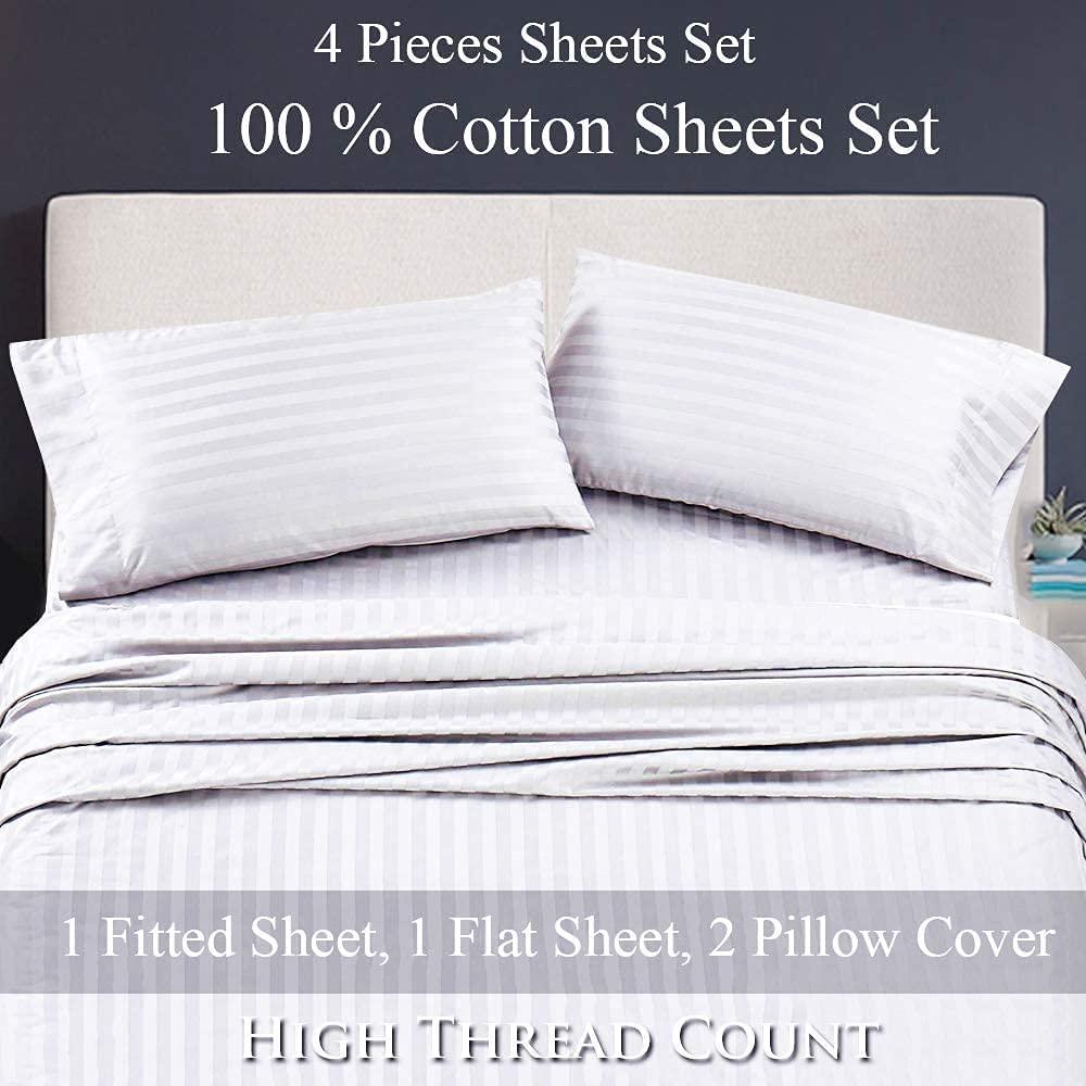 HOME STUFFS Sheet Set Twin-XL-39X80 Bed Sheet Set White Stripe 24 inch Deep Pocket 4 Piece Bed Sheet Set- Fitted Sheet, Flat Sheet & Pillow Luxurious Bedding Set