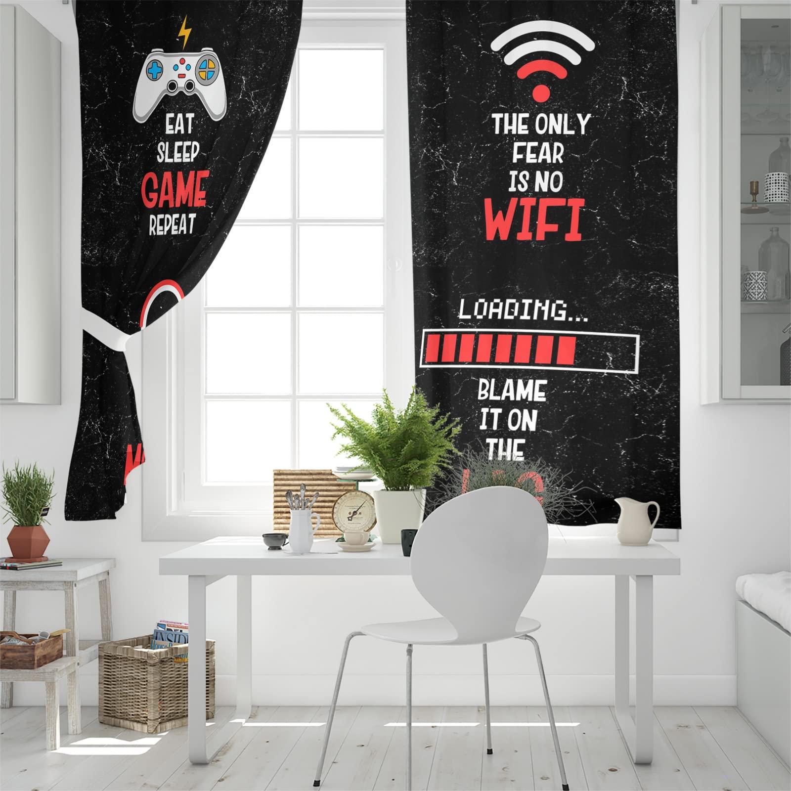BOBOWUNY Video Game Art Funny Quotes Blackout Curtains 54 Inches Length, Games Gamer Gamepad Earphone Waiting to Load Black Window Treatment Thermal Insulated for Bedroom Living Room 2 Panels 104x54 Inches