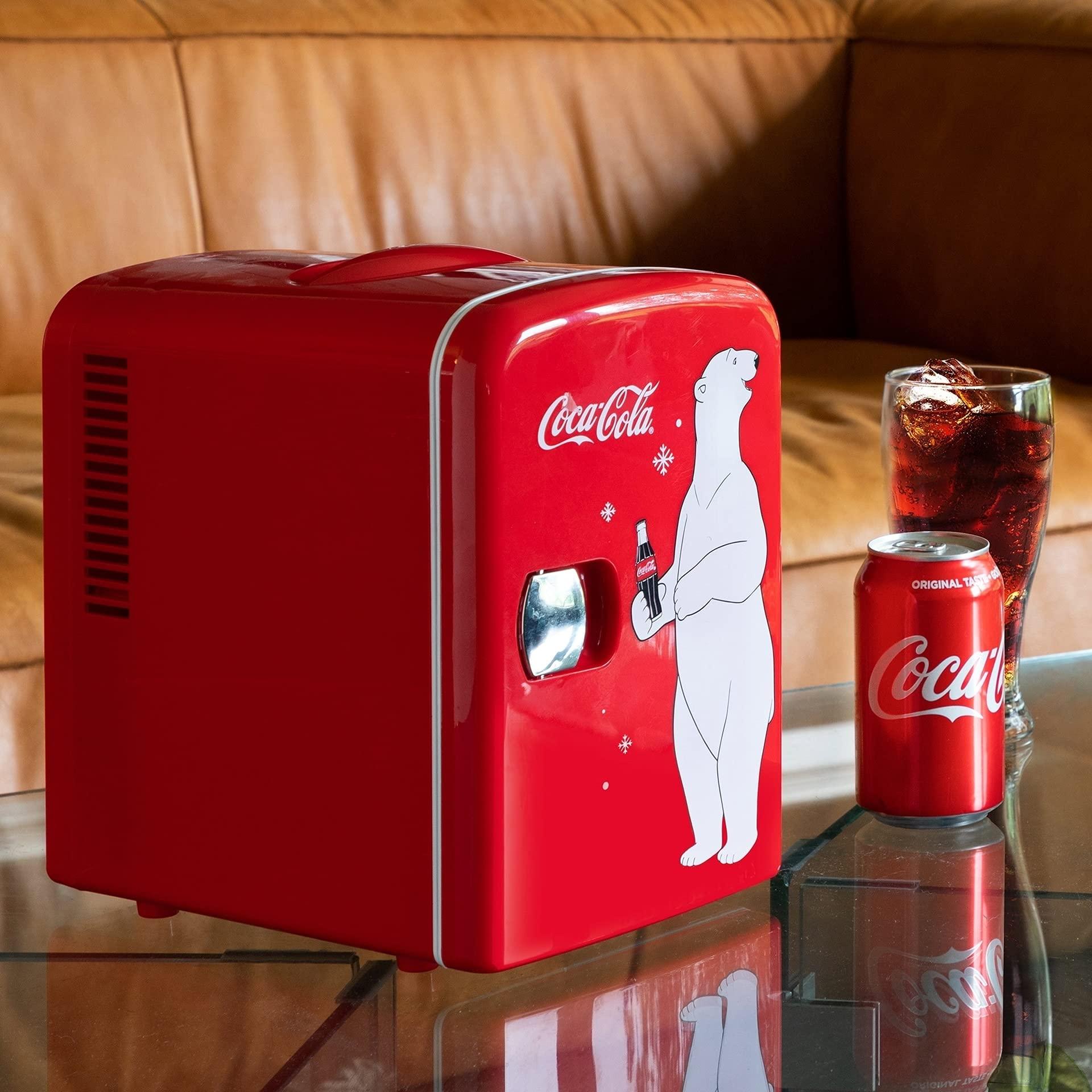 Koolatron Coca Cola Mini Fridge for Bedroom Skincare Cosmatic Office 4L Small Refrigerator Classic Coke Bottle Portable Fridge Mini Fridge for Dorm Fridge Ideal for Snacks Drinks Red