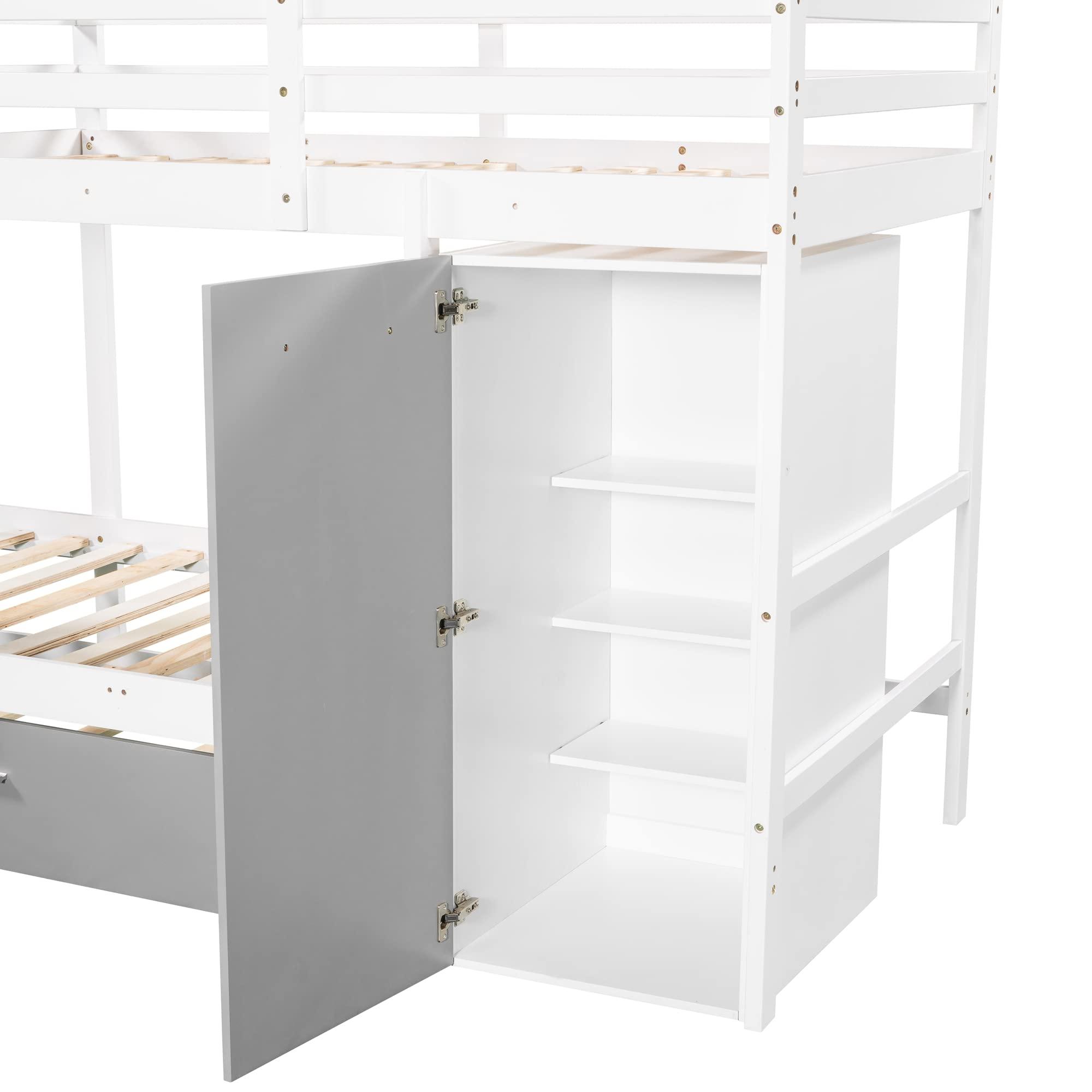 XIONGGG Twin Over Twin Bunk Bed with Built-in Storage Wardrobe and Two Drawers, Convertible Design, Solid Wood Bunk Bed for Kids, Teens