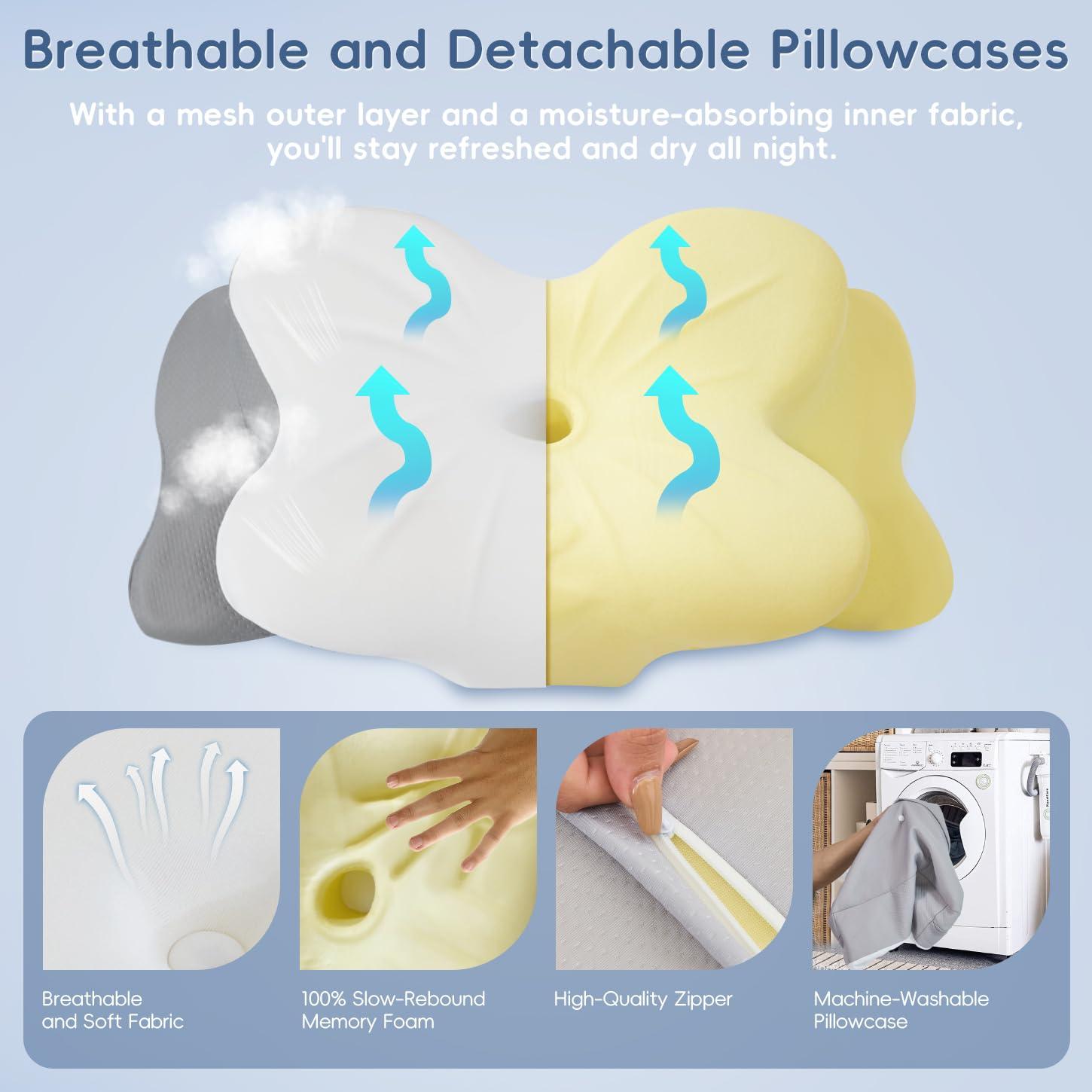 Fyova Fyova Cervical Neck Pillow, Odorless Ergonomic Memory Foam Pillows, Adjustable Memory Foam Neck with Breathable Pillowcase, Contoured Support for Side Back Stomach Sleepers
