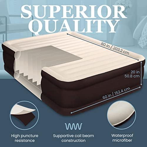 Englander Englander Queen Air Mattress with Built in Pump Raised - Double High, 600 LB Weight Capacity - Luxury Size Camping Mattress - Blow Up Floor Bed for Home - Microfiber, Waterproof Airbed with Patch Kit