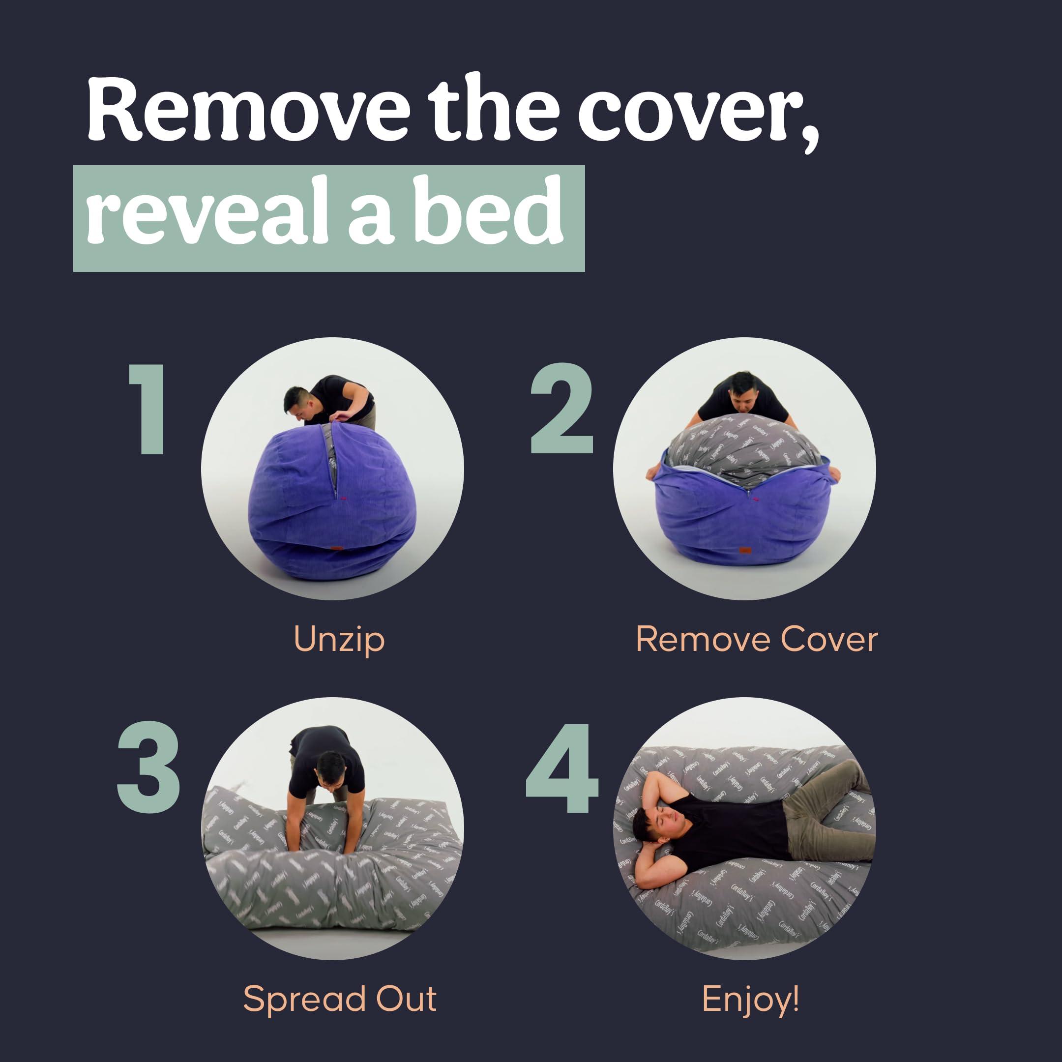 CordaRoy\'s CordaRoy\'s Faux Fur Bean Bag Chair, Convertible Chair Folds from Bean Bag to Lounger, As Seen on Shark Tank, Grey - Queen Size