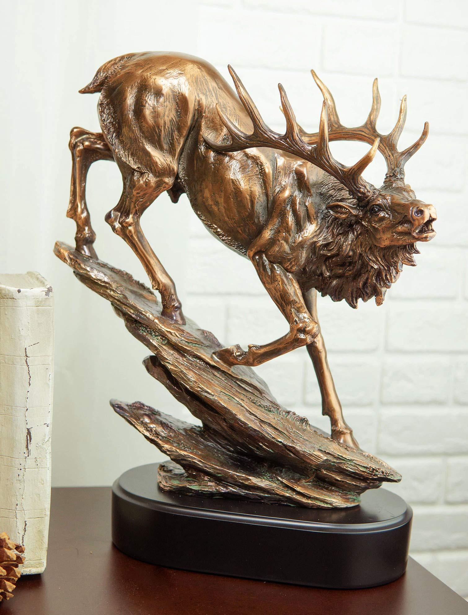 Ebros Gift Ebros Large Bellowing Wapiti Bull Elk Deer Descending Steep Rock Hill Rustic Statue in Bronze Electroplated Finish with Trophy Base Wildlife Deers Elks Hunters Cabin Lodge Figurine