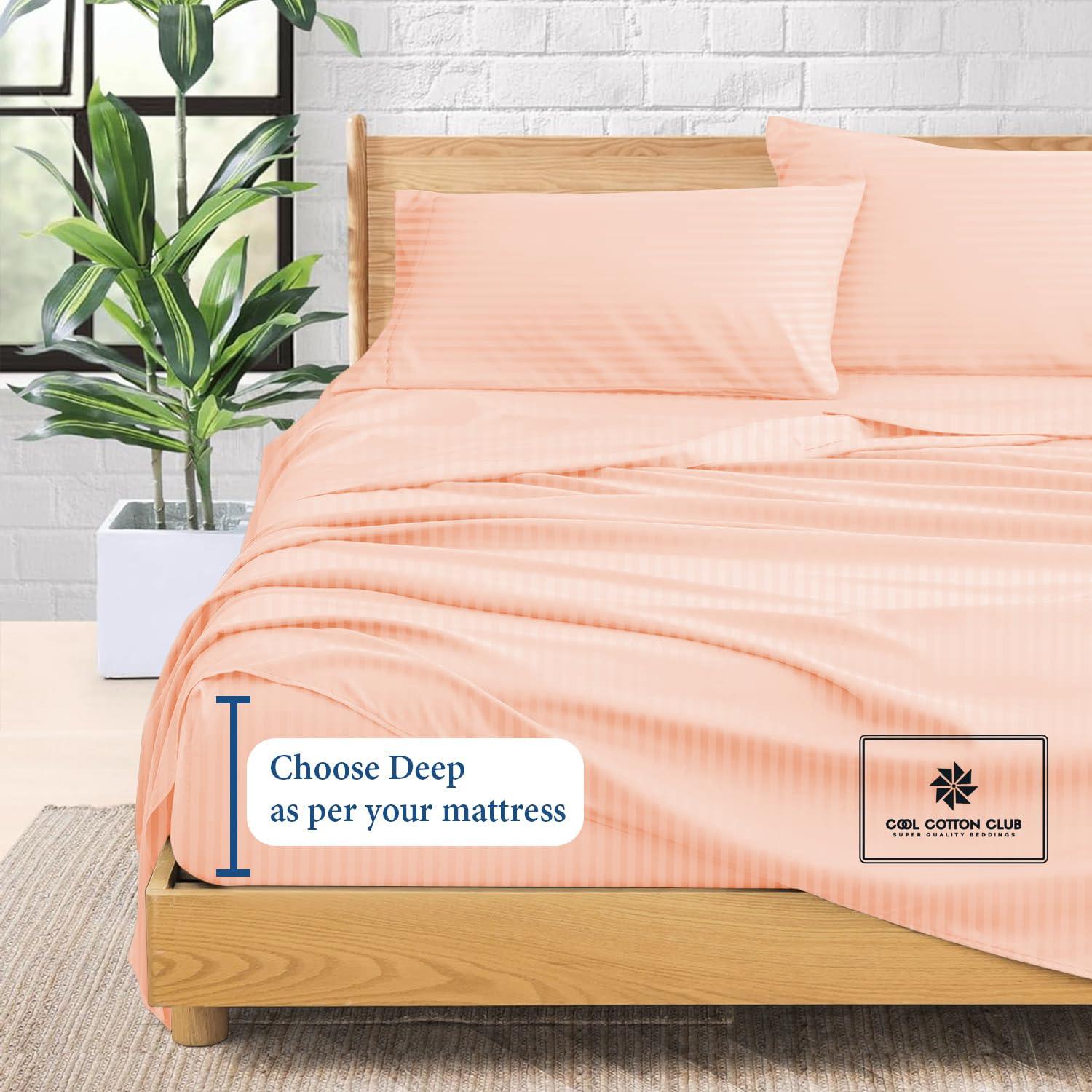 Cool Cotton Club Peruvian Pima Cotton Sheets, King Sheet Set Real 400 Thread Count Luxury 4 PC Bedding Set, Hotel Quality Sateen Weave, fits up to 18-21\" Elasticized Deep Pocket (Stripe, Peach)
