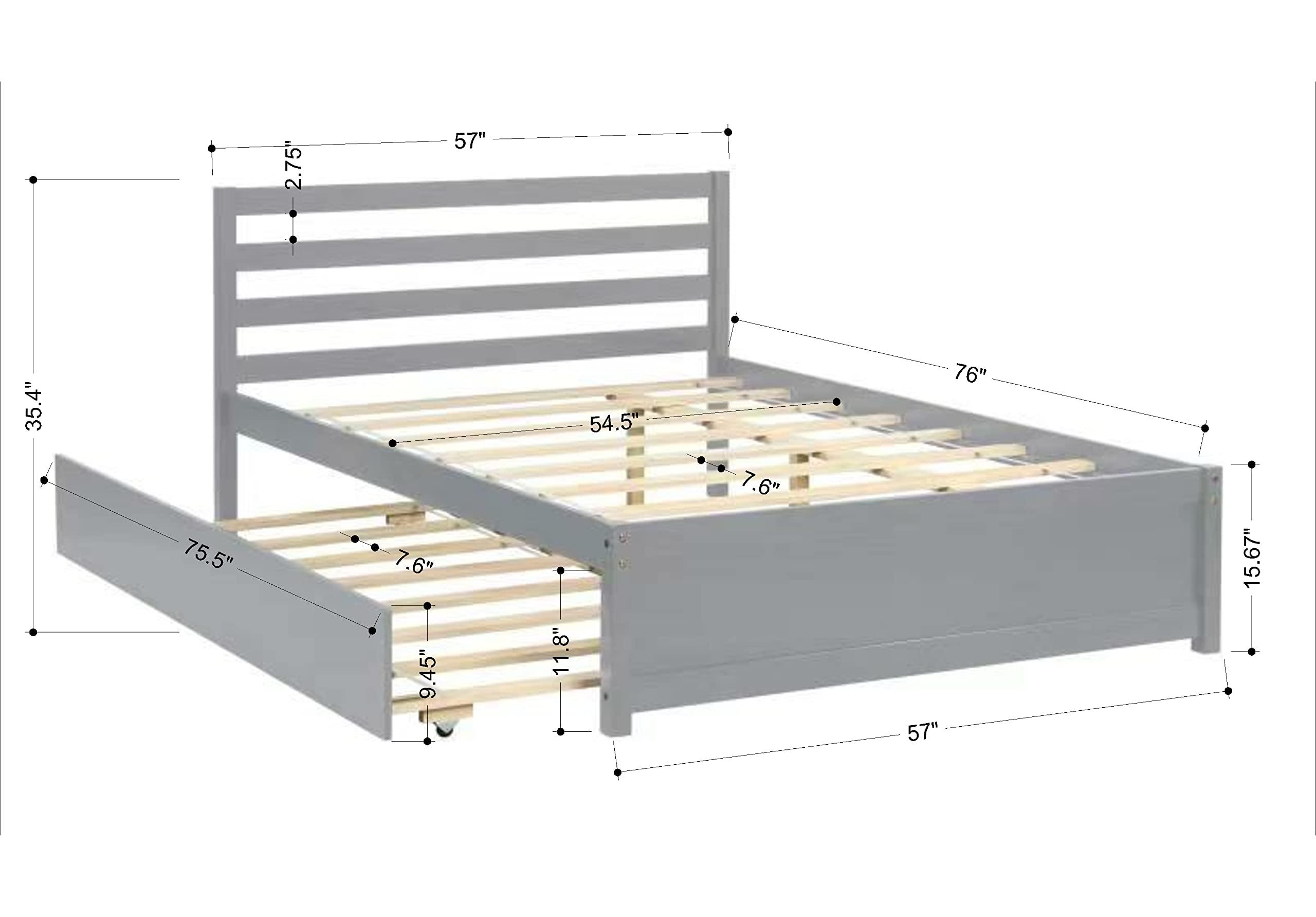 HomSof HomSof Full Size Wood Platform Bed Frame with Headboard and Twin Trundle,Grey