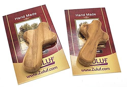 Zuluf Zuluf Two Small Olive Wood Crosses Pocket Holding Comfort Crosses | Handheld Comforting Design for Clutching, Clinging and With Two Holy Land Certificates 6cm / 2.5 Inch Each Cross - CRS094