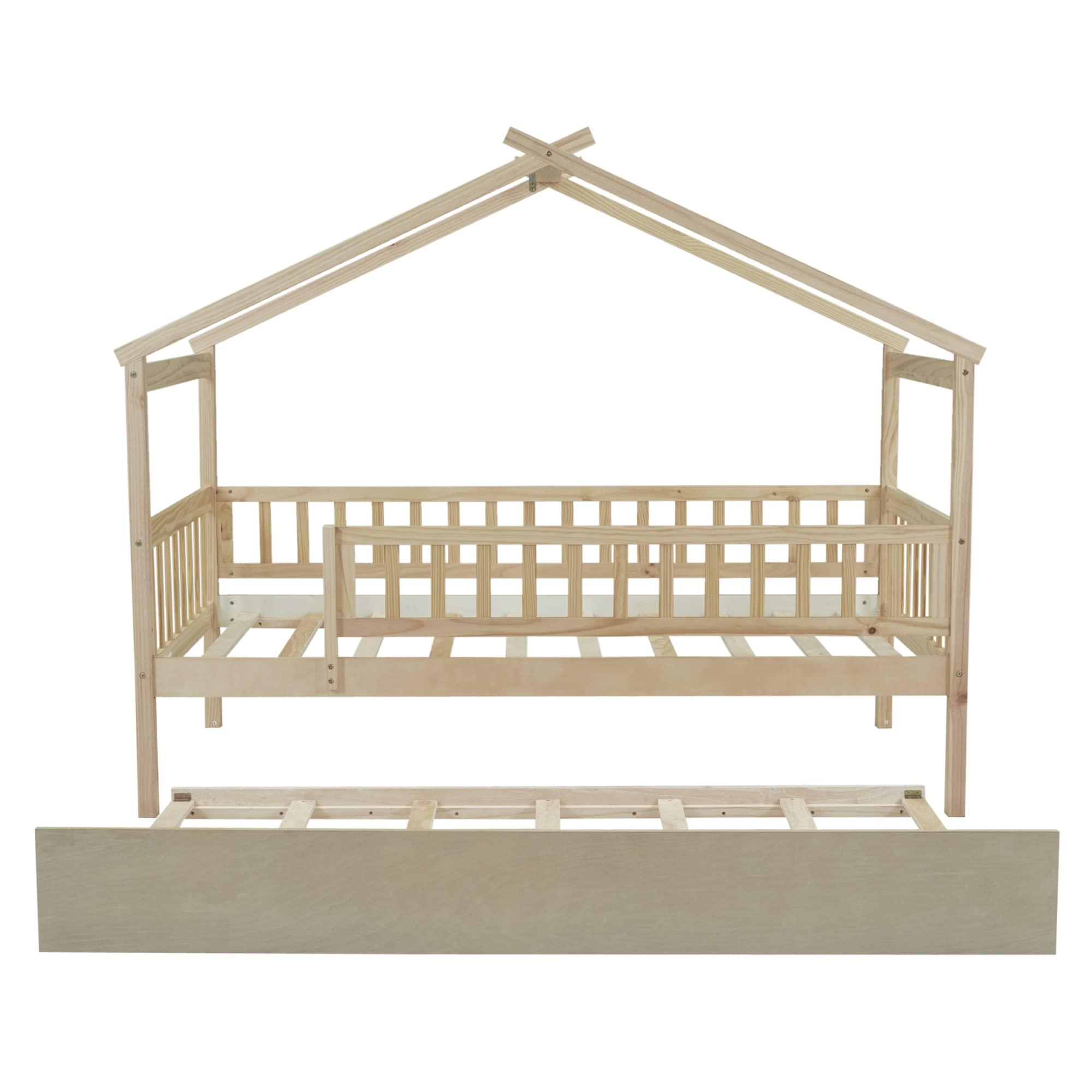 Yoglad Yoglad Twin Size Wooden House Bed with Twin Size Trundle and Fence-Shaped Guardrail, House Bed Frame Can Be Decorated Wood Playhouse for Girls, Boys (Natural)