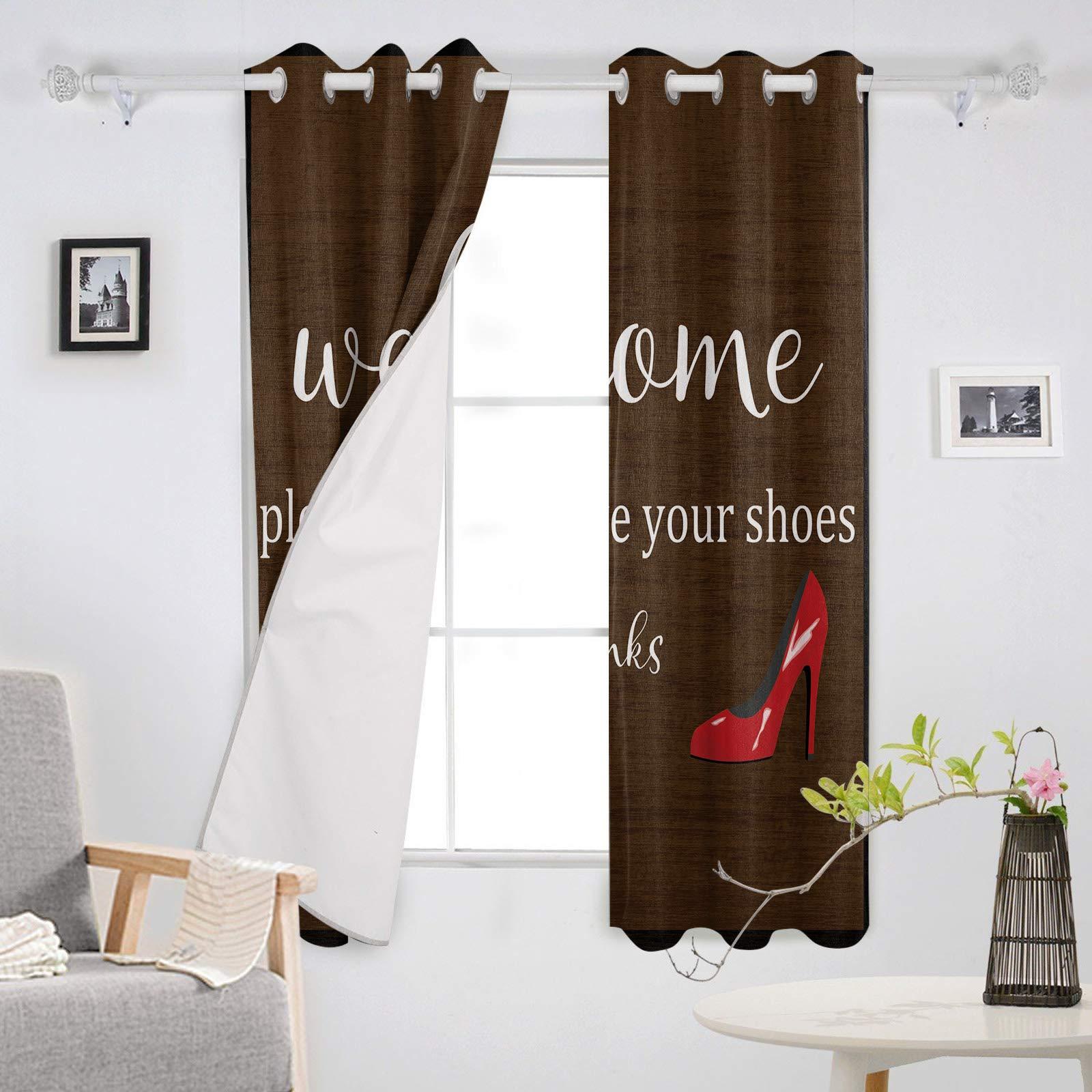 Tersuger Blackout Curtains for Living Room Bedroom, Welcome Please Remove Youe Shoes Window Curtain Panels Grommet Drapes Thermal Insulated Room Darkening Curtains 2 Panels, 42x84 inch