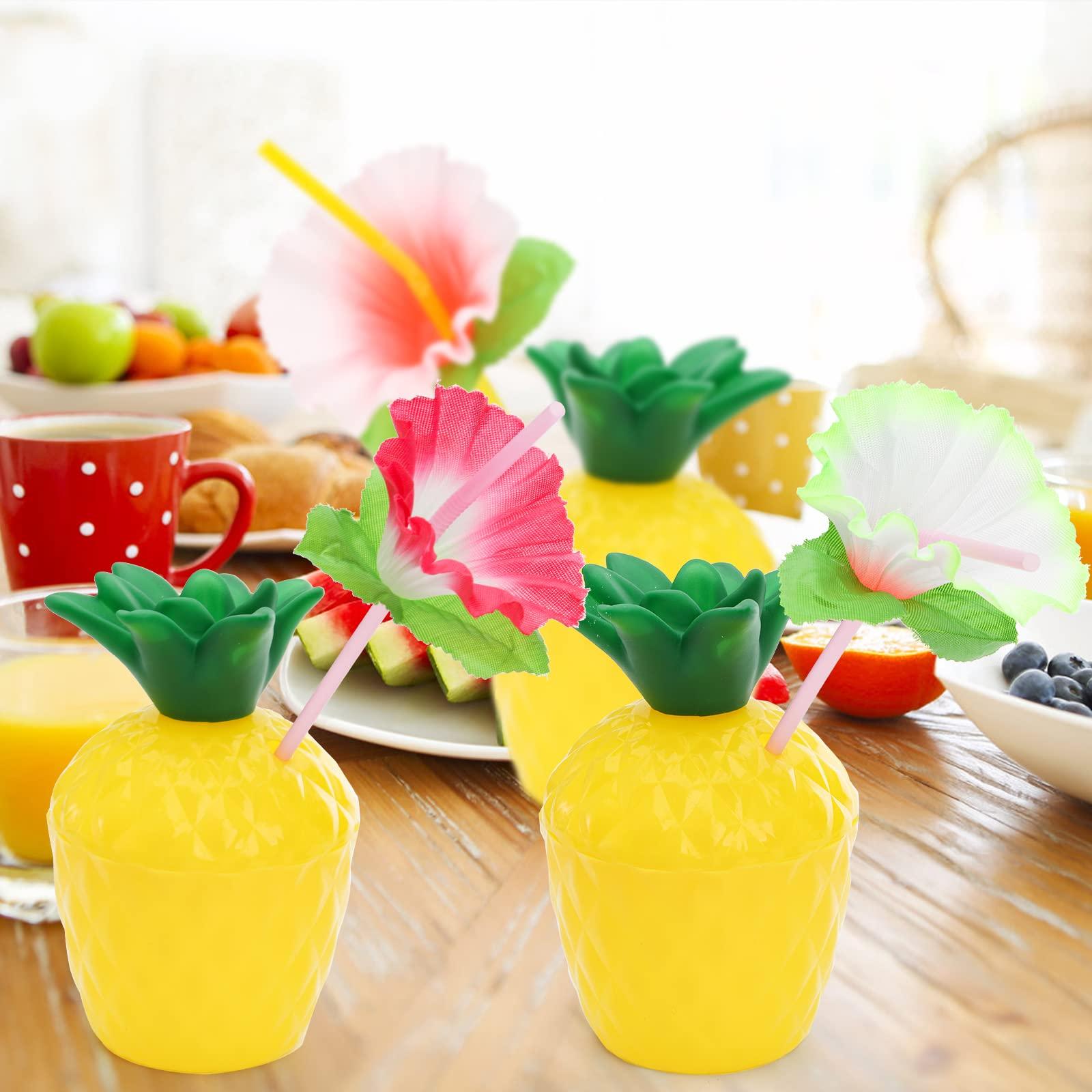 Cedilis Cedilis 12 Pack Plastic Pineapple Cups with Lids and Straws, Hawaiian Luau Party Cups, Tiki Cups for Hawaiian Party Favor Decorations, 10oz