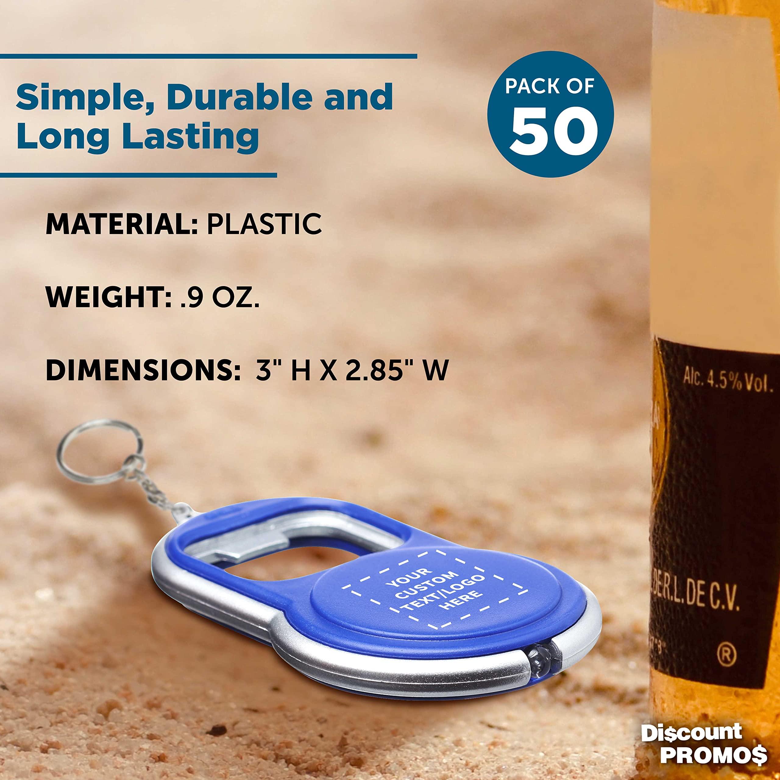 DISCOUNT PROMOS DISCOUNT PROMOS Custom Bottle Opener & LED Keychains Set of 50, Personalized Bulk Pack - Perfect for Tradeshows, Party Favors, Other Events - Blue