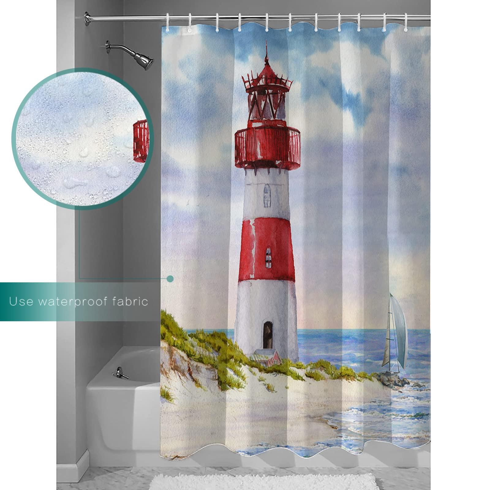 ZOE GARDEN Light-House Shower Curtain Set with Hook 72\"x96\",Washable Cloth Polyester Fabric Shower+Curtain,Waterproof Bath Curtains for Bathroom,Bathtubs Decor Accessories Summer Sea Ocean Nautical Sailboat