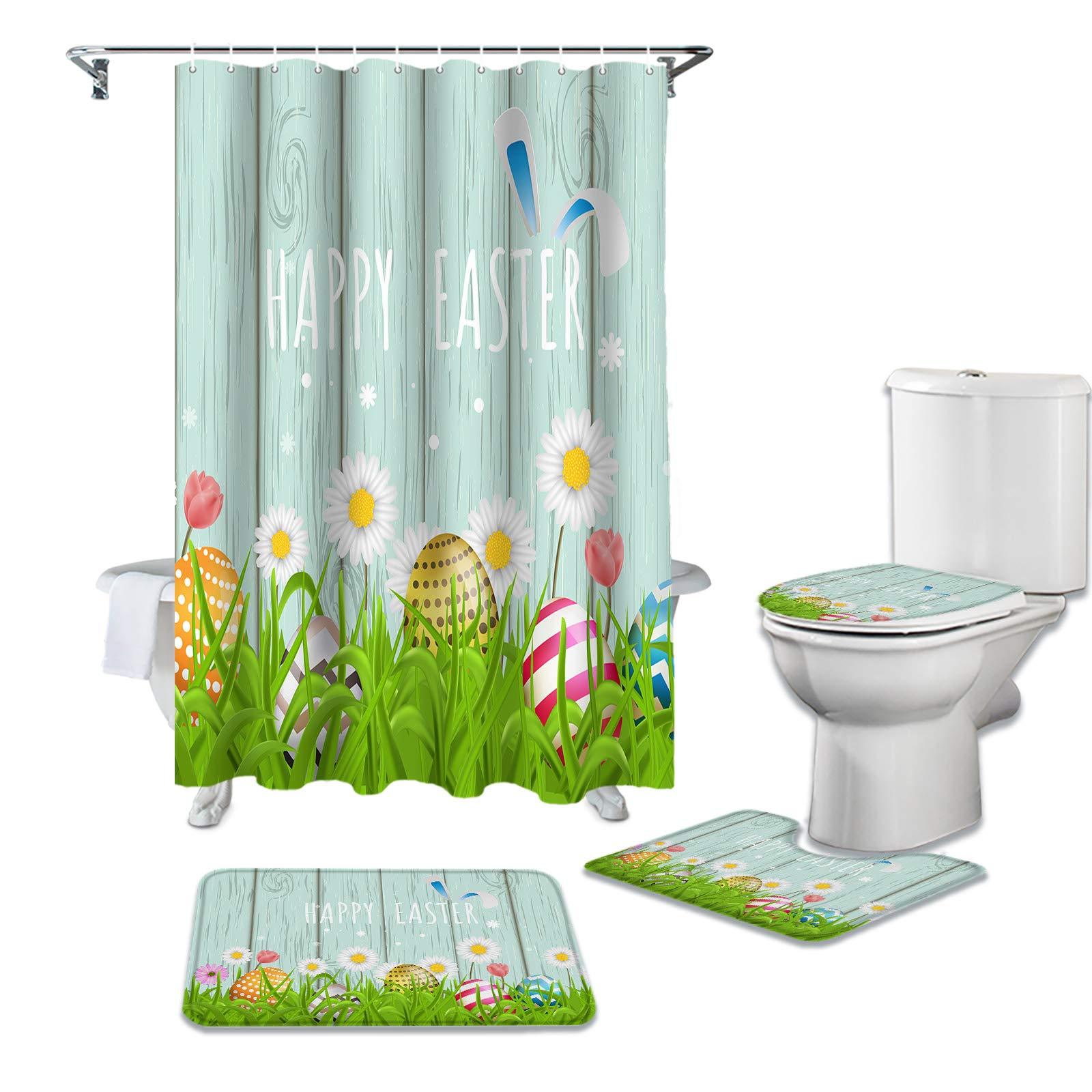 Libaoge 4 Pcs Shower Curtain Set Include Non-Slip Bath Rug Toilet Lid Cover Contour Mat Waterproof Bath Curtain Hpapy Easter Rabbit Bunny Eggs Flower for Bathroom Decor
