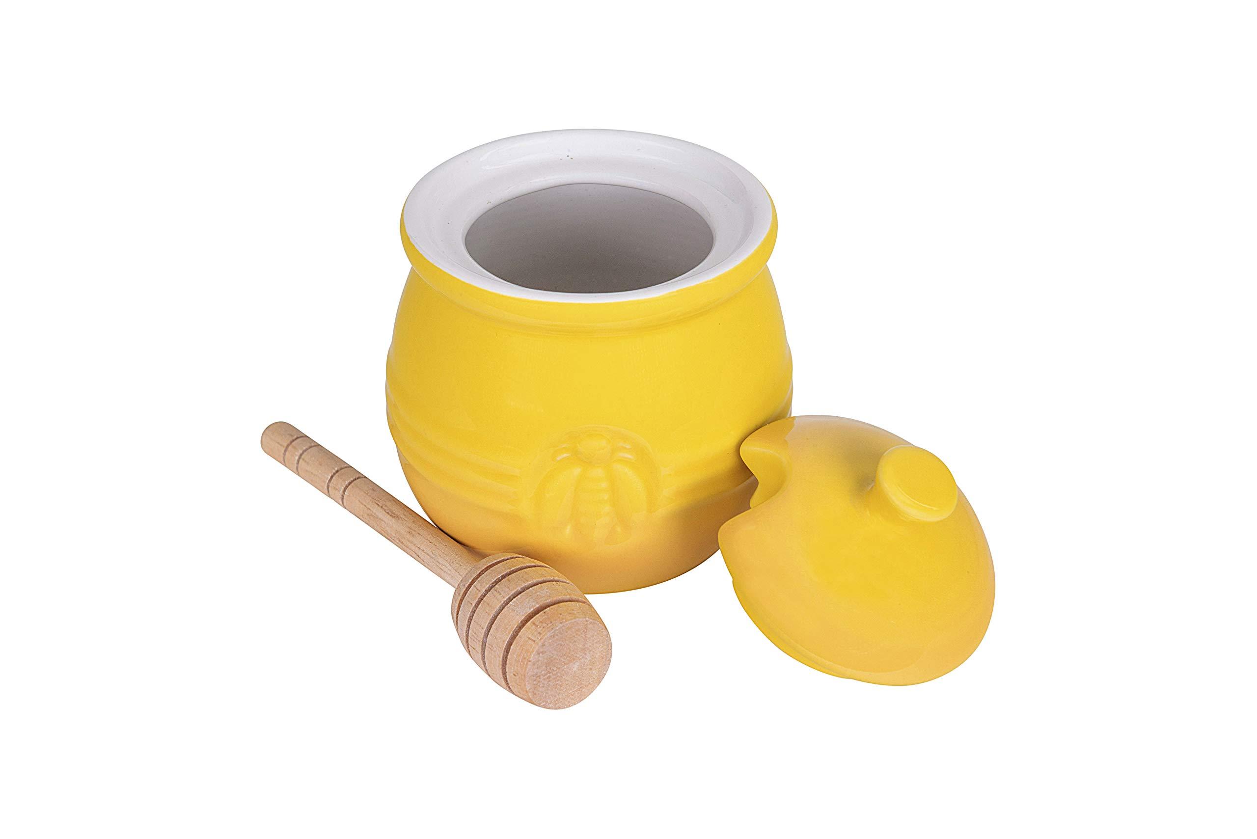 Creative Co-Op Creative Co-Op Yellow Stoneware Honey Pot with Lid & Wood Honey Dipper