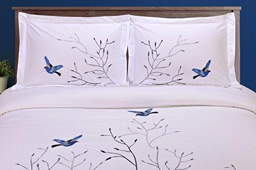 SUPERIOR Superior 100% Cotton Percale Embroidered 3-Piece Duvet Cover Set, Full/Queen, Blue Swallow