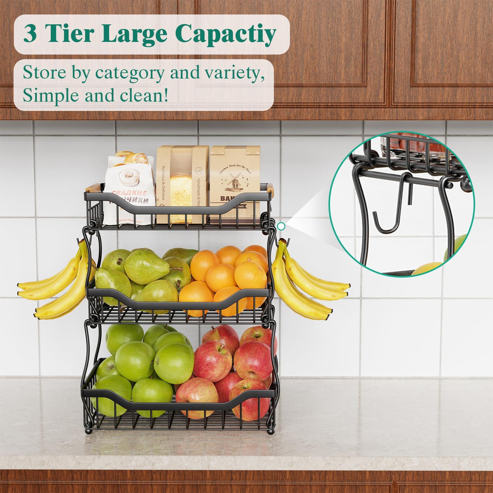 Giwil Giwil 3 Tier Countertop Fruit Basket for Kitchen, Vegetable Storage Basket Bread Fruit Bowl Stand with 2 Banana Hooks, Wall Mounted Metal Wire Basket Organizer for Potato Onion, Black