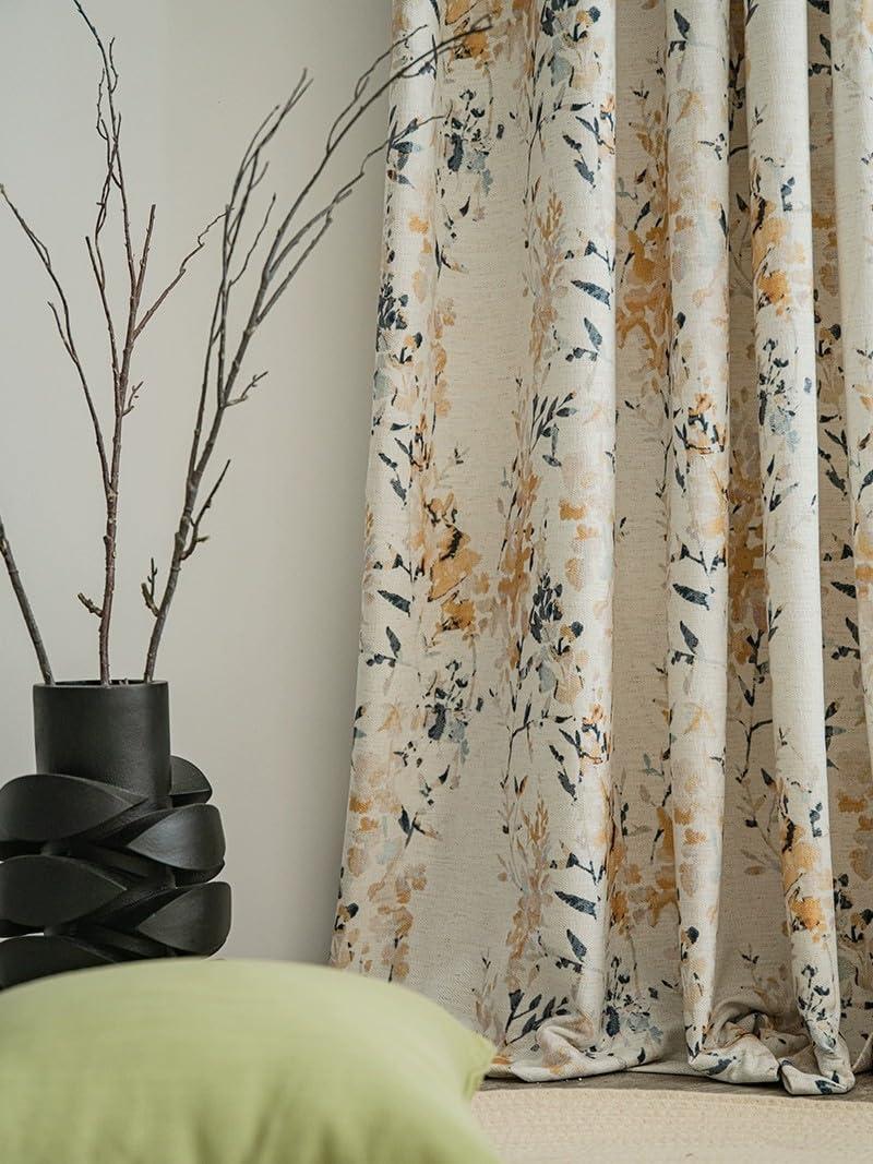 ILUOGUDU Natural Linen Curtains 108 inch Length 1 Panel Set for Living Room, Pinch Pleat Linen 60% Blackout Drapes Floral Farmhouse Window Curtains for Bedroom,84 Inch Wide Each Panel, blue/ Yellow/Beige
