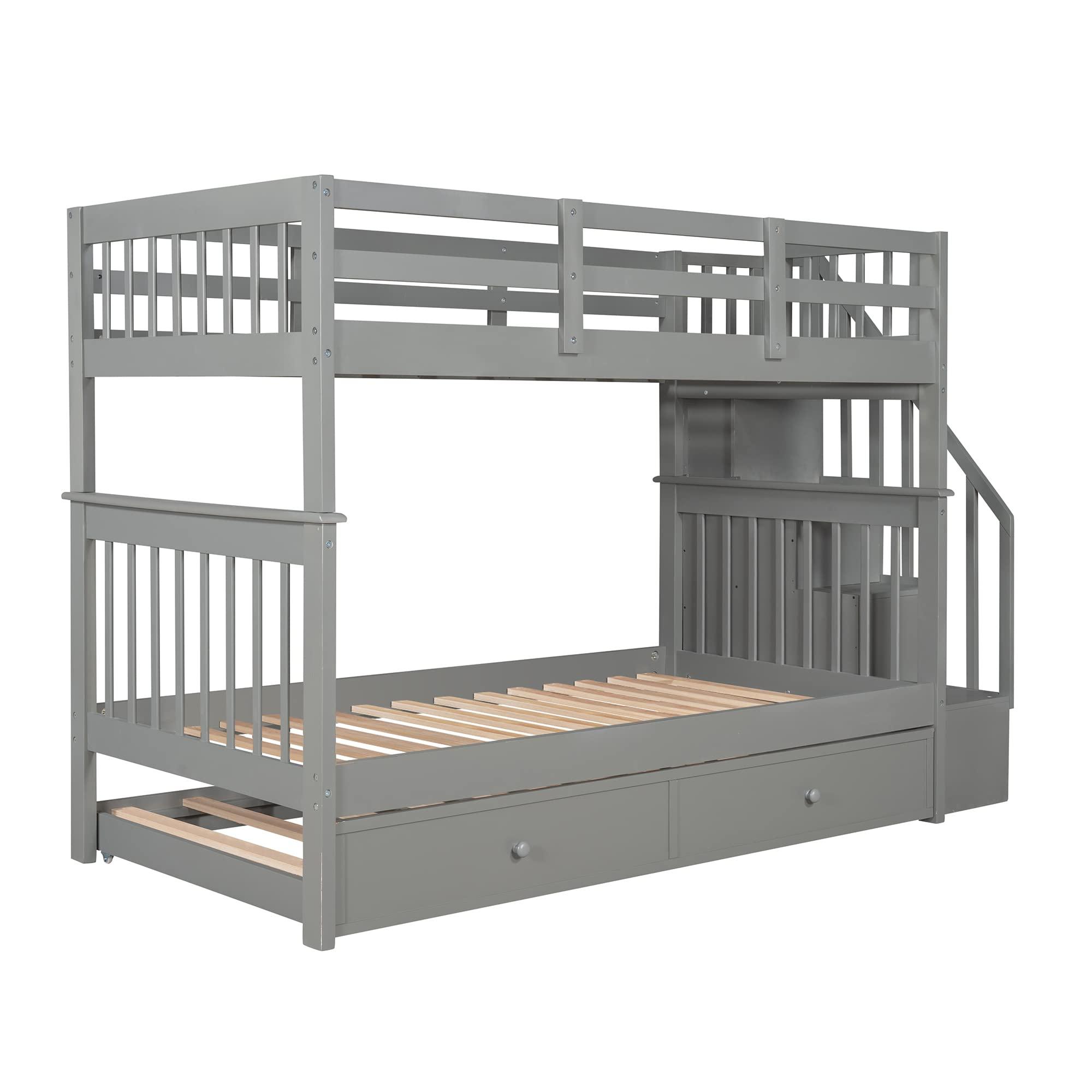 WEALTHKING WEALTHKING Stairway Bunk Bed with Trundle, Convertible Detachable Beds, Pine Wood Frame with Four-Step Staircase, Storage Shelves, Guardrails, No Box Spring Required (Grey,Twin over Twin)
