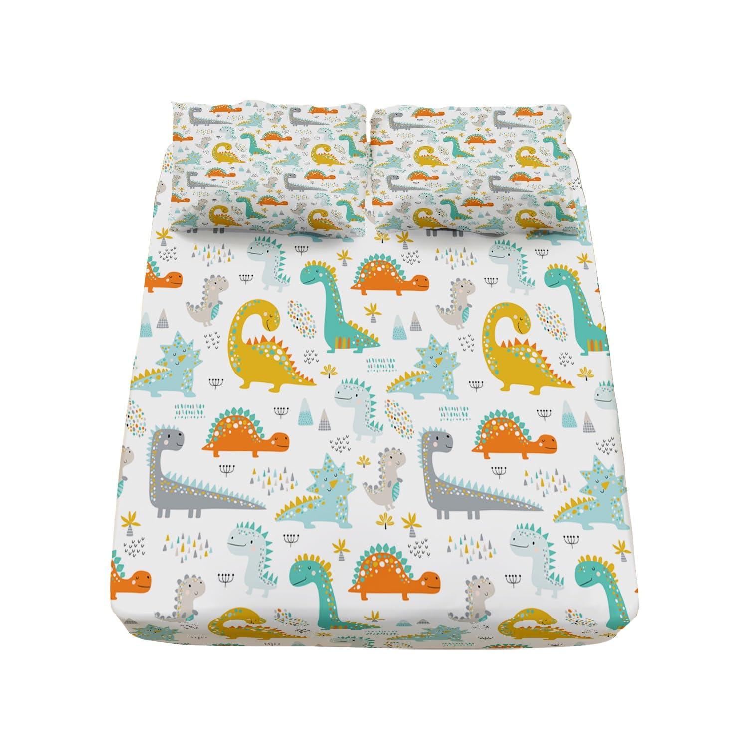 Generic Full Size 4 Piece Sheet Set Jungle Animals Cartoon Dinosaur Bed Sheets Set Deep Pockets, Comfy Breathable & Cooling Microfiber Fitted Sheets, Easy-Fit, Extra Soft & Wrinkle Free Sheets