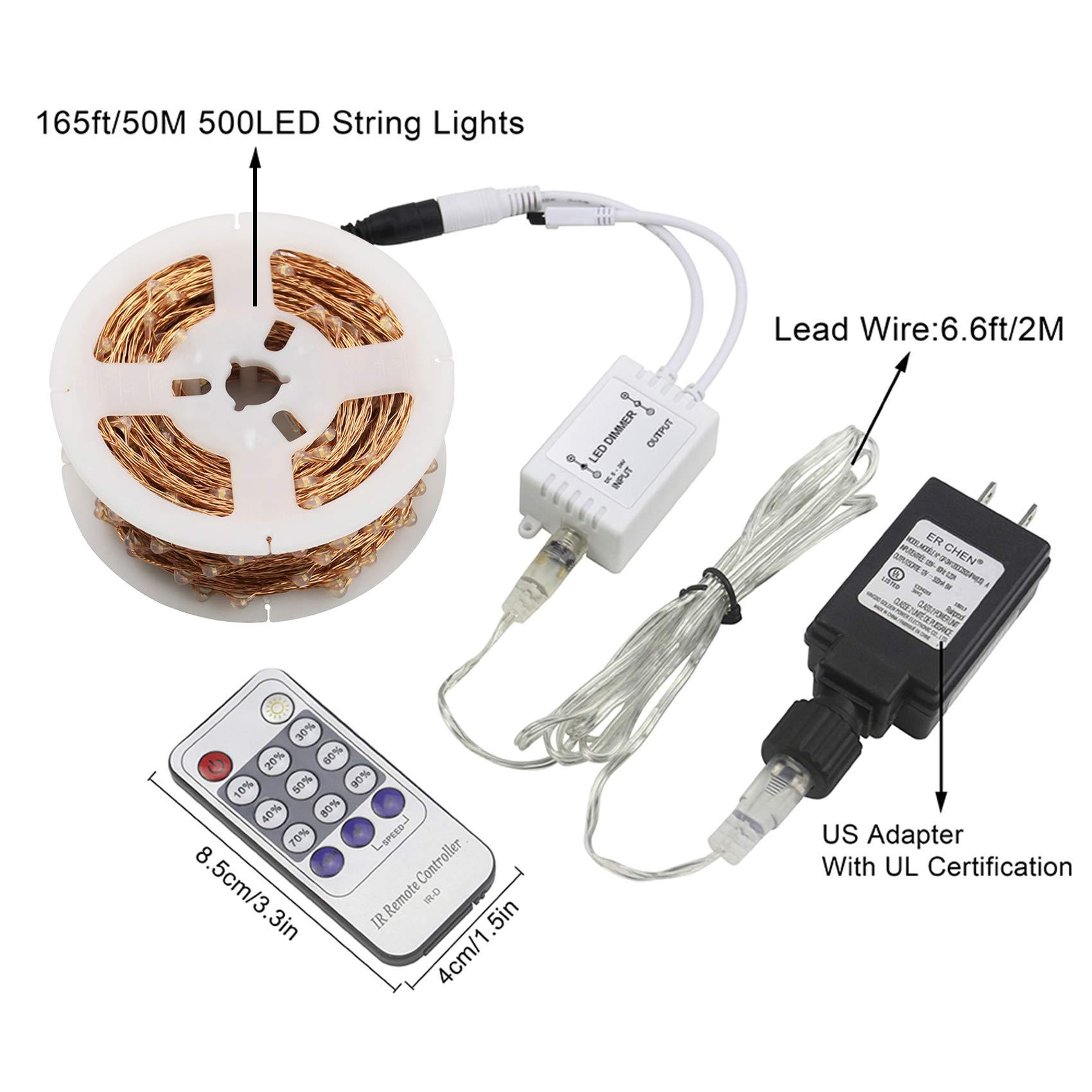 ER CHEN ER CHEN 165ft Led String Lights,500 Led Starry Lights on 50m Copper Wire String Lights + 12V DC Power Adapter(Warm White)