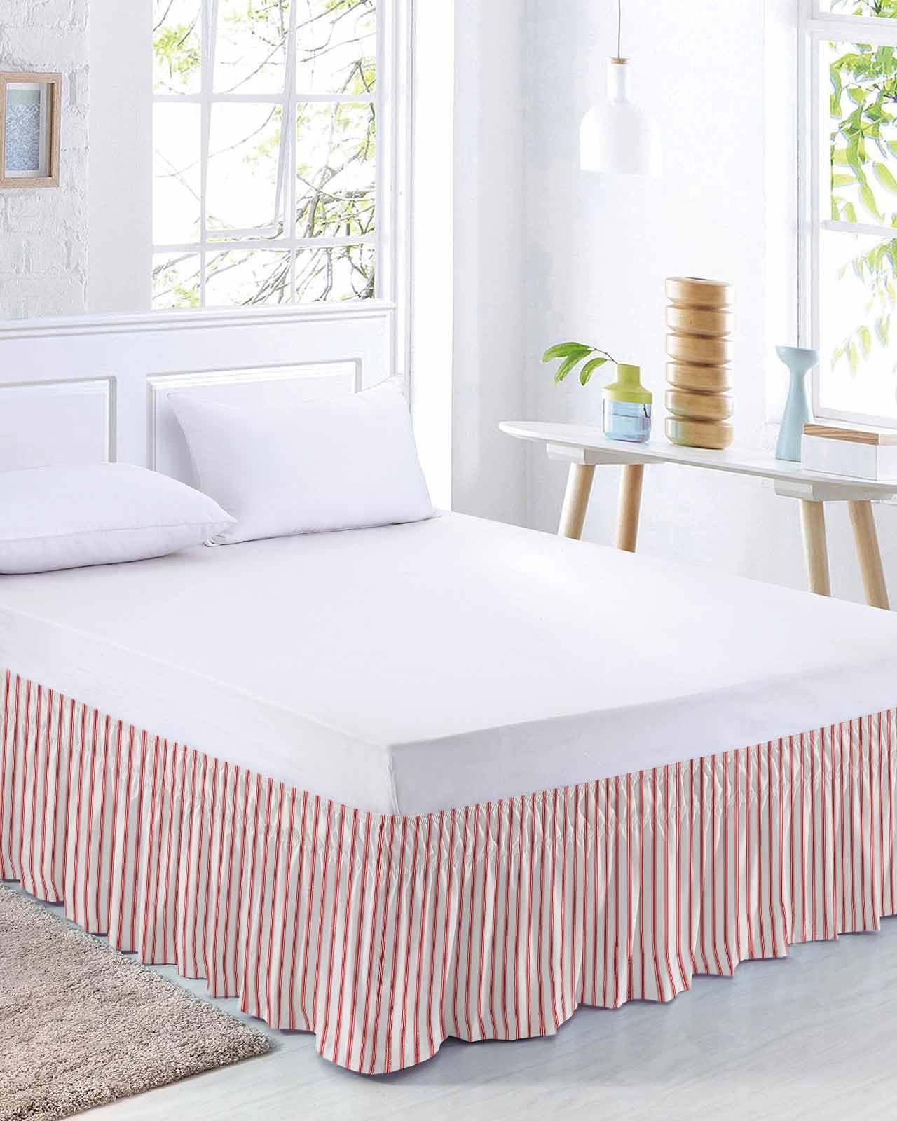 RisQiten RisQiten Red Striped Bed Skirt Queen Size 16 Inch Drop, Adjustable Elastic Bedskirt Dust Ruffle for Queen Bed, Red White Stripes Farmhouse Wrap Around Bed Skirts Luxurious Pleated Bed Frame Cover
