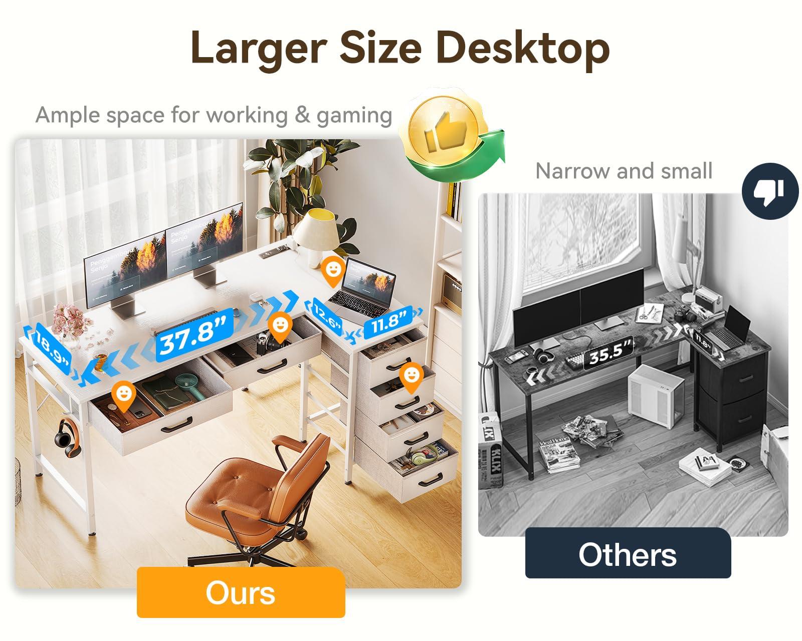 Coleshome Coleshome 50 Inch L Shaped Desk with Drawers, Computer Desk with Power Outlets, Home Office Desk with 6 Drawers, Reversible Corner Desk for Small Space, Study Work Table with Hook, White