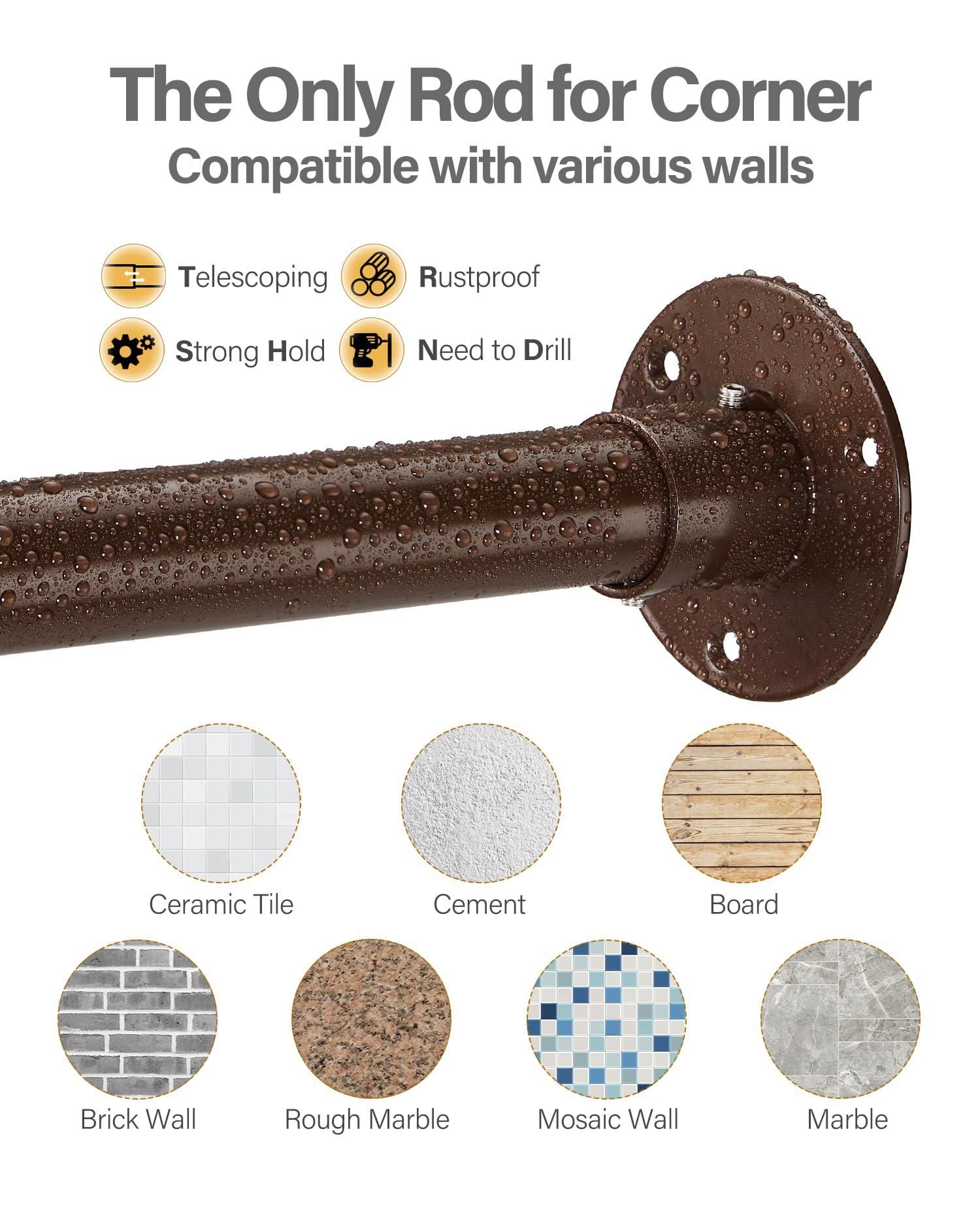 crkmire Crkmire Corner Shower Curtain Rod, Coffee [39"-69"] x [55"-85"] Adjustable L Shaped Shower Rod No-Sagging 90 Degree Curved Curtain Rod for Bathroom Bathtub with 12 Ring Hooks & Ceiling Support