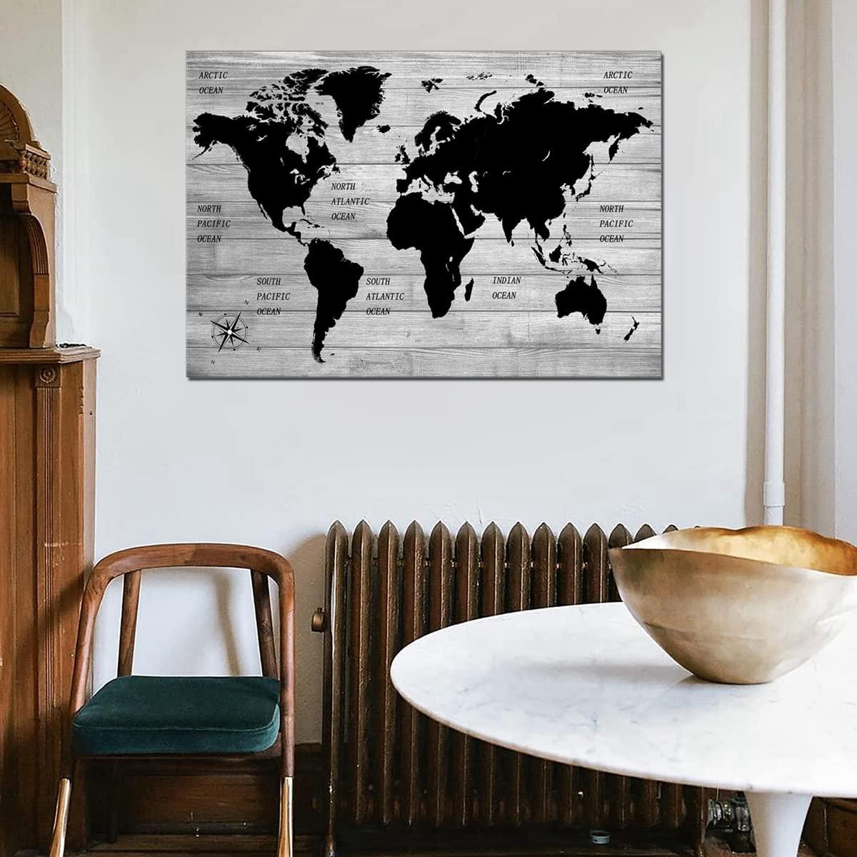 TAOMI World Map Black Grey White Wooden Grain Painting Artwork for Office Bedroom Wall Art Poster Large Frame Home Decorations Greyscale Minimalist Picture