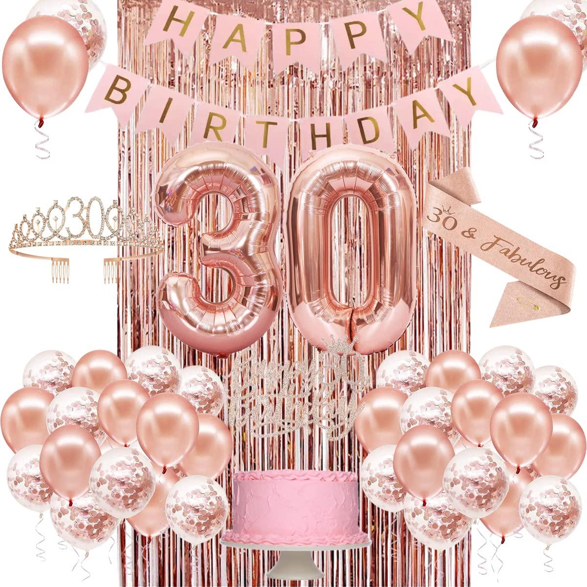 PopularLdo 30th Birthday Decorations for Her, Happy 30th Birthday Banner, Crown, Sash, Cake Topper and Number Balloon, Rose Gold 30th Birthday Party Decorations for Women