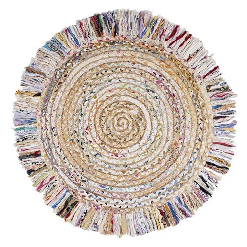 Safavieh SAFAVIEH Cape Cod Collection Area Rug - 7' Round, Ivory & Light Beige, Handmade Boho Fringe Jute & Cotton, Ideal for High Traffic Areas in Living Room, Bedroom (CAP206B)