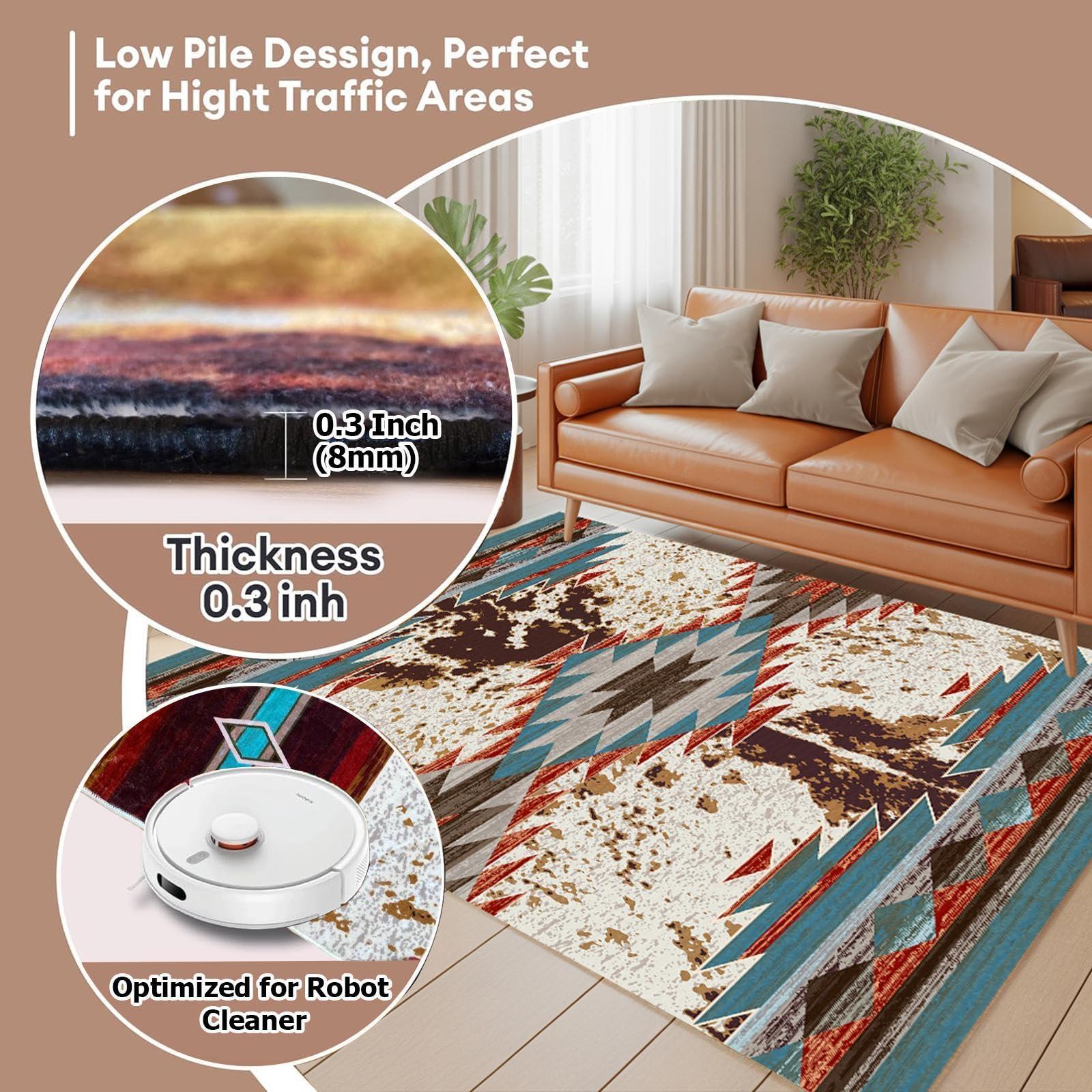 DECORAISES Combo Southwest Area Rug and Non-Slip Rug Tape for Timeless Home Decor in Kitchen, Living Room, Bedroom 4X6 ft, Western Cowboy Riding with Texas Star Panel Art - Southwestern Rug - Aztec rug CC01