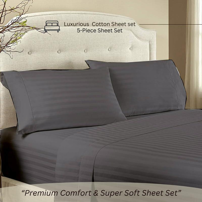 NON Sticky cotton Split King Bed Sheets 5 Pieces 400 Thread Count 100% Egyptian Cotton Sheets for Split King Adjustable Bed 18 Inch Deep Pocket Split King Sheets Sets for Adjustable Beds Dark Grey Stripe