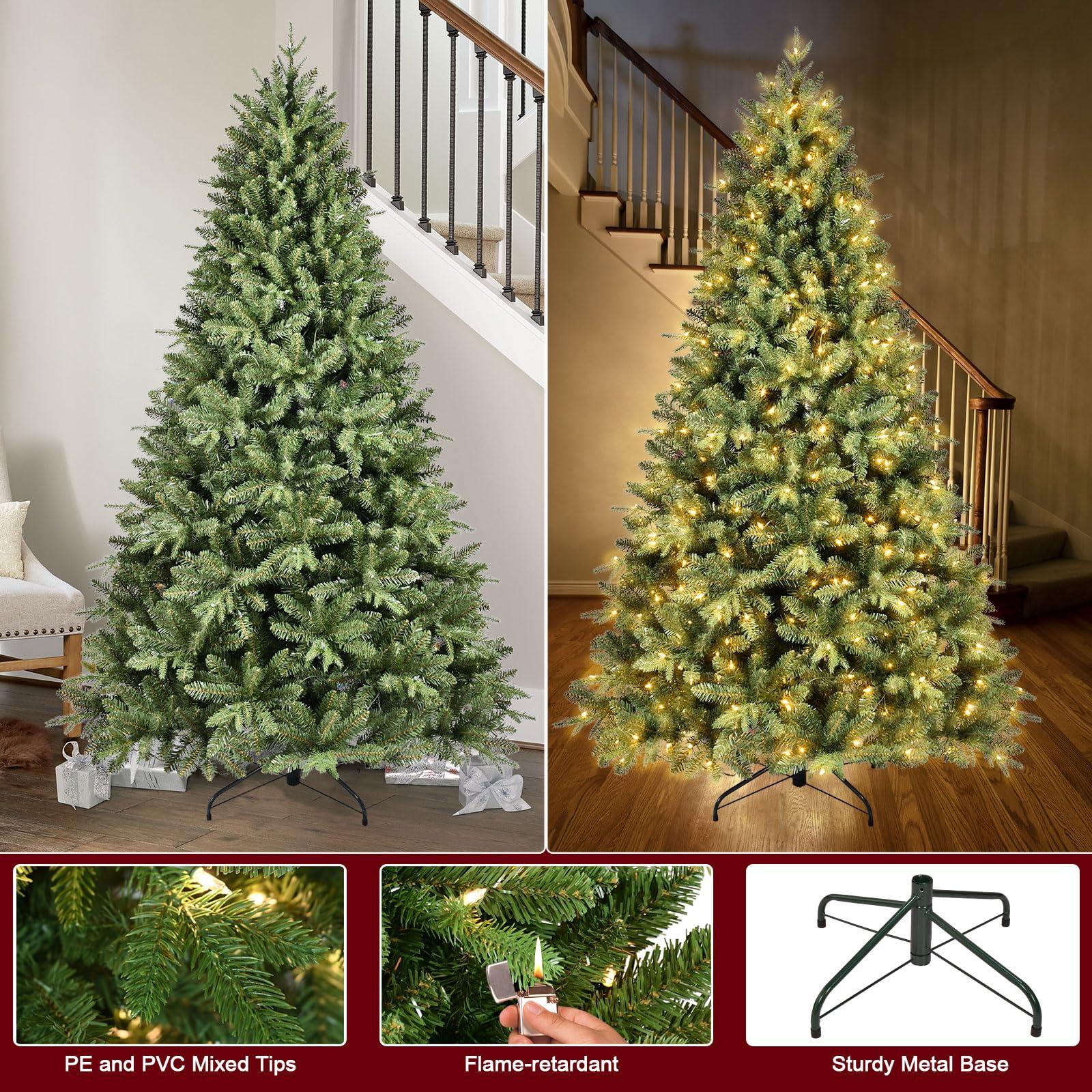 Treepool Treepool 9FT Pre-Lit Artificial Christmas Tree with 3658 PE&PVC Mixed Branch Tips, 850 Warm White Lights, Hinged Premium Spruce Fake Xmas Trees, Green, Foldable Base