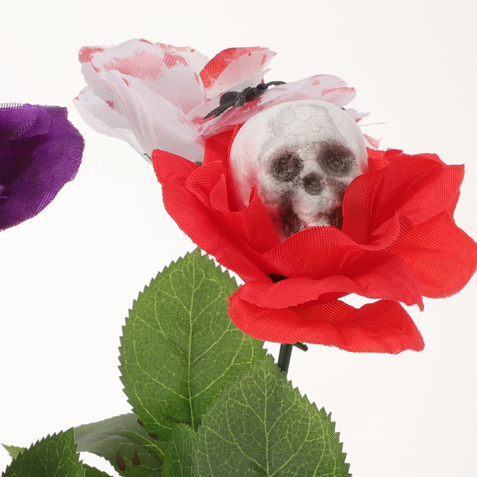 LOGOFUN LOGOFUN 3Pcs Halloween Fake Flowers Artificial Bloody White Roses with Eyeball Flower Bouquet Eyeball Spider Skeleton Flowers for Halloween Decoration
