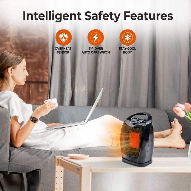 Comfort Zone Comfort Zone Space Heaters for Indoor Use, Portable Bedroom Heater, 70 Degree Oscillation, Thermostat, Small Room Heater, Fast Heating, Quiet Fan Forced Ceramic Heater, 1500W. 200 Sq. Ft., Black