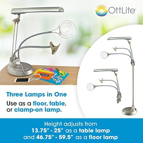 OttLite OttLite Ultimate 3-in-1 Craft Lamp, (Floor, Table and Clamp-On Lamp) 24w Energy Efficient Light Bulb for Bright Natural Daylight - Built-in Outlet, Adjustable Neck, 2X Magnifier & Versatile Height