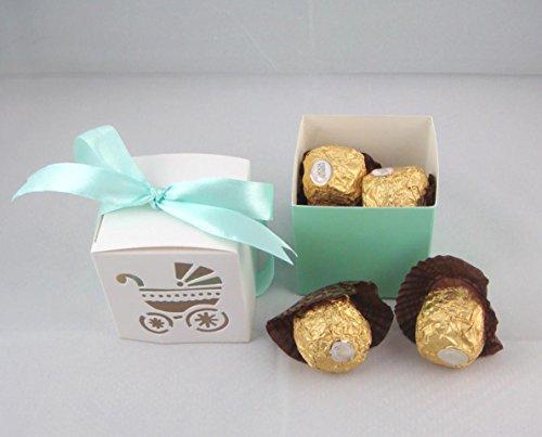 Zopria Zorpia New 50Pcs Party Gift Laser Cut Baby Shower Candy Ribbon Boxes Carriage Shower Favor Bomboniere Wedding Anniversary ZRA0168901 (Sky Blue)