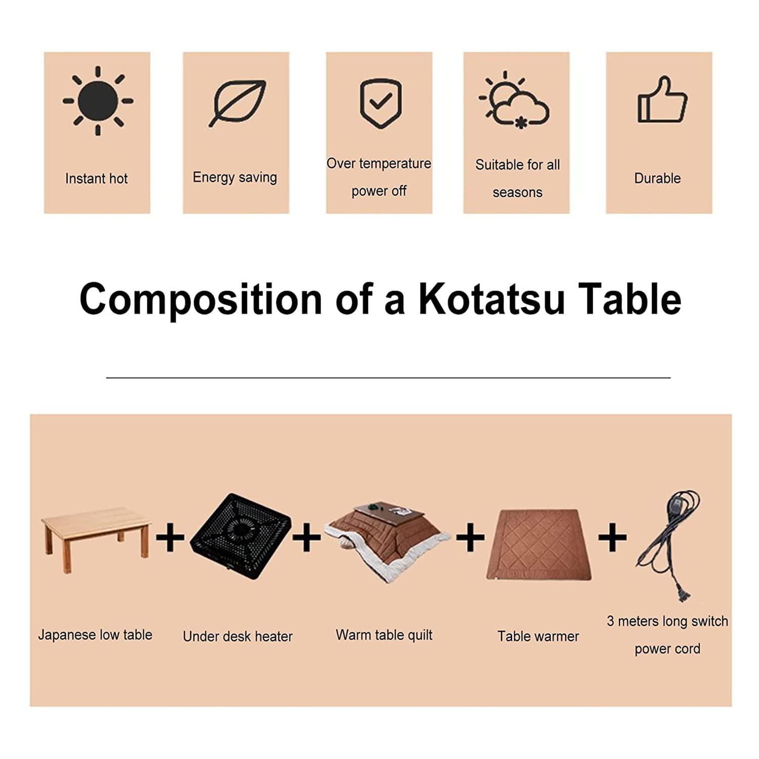 Appleya Appleya Kotatsu Table 5-Piece,Kotatsu Heated Table, Japanese Folding Storage Tatami Coffee Table Thickened Furnace Winter Roasting Stove Heating Table