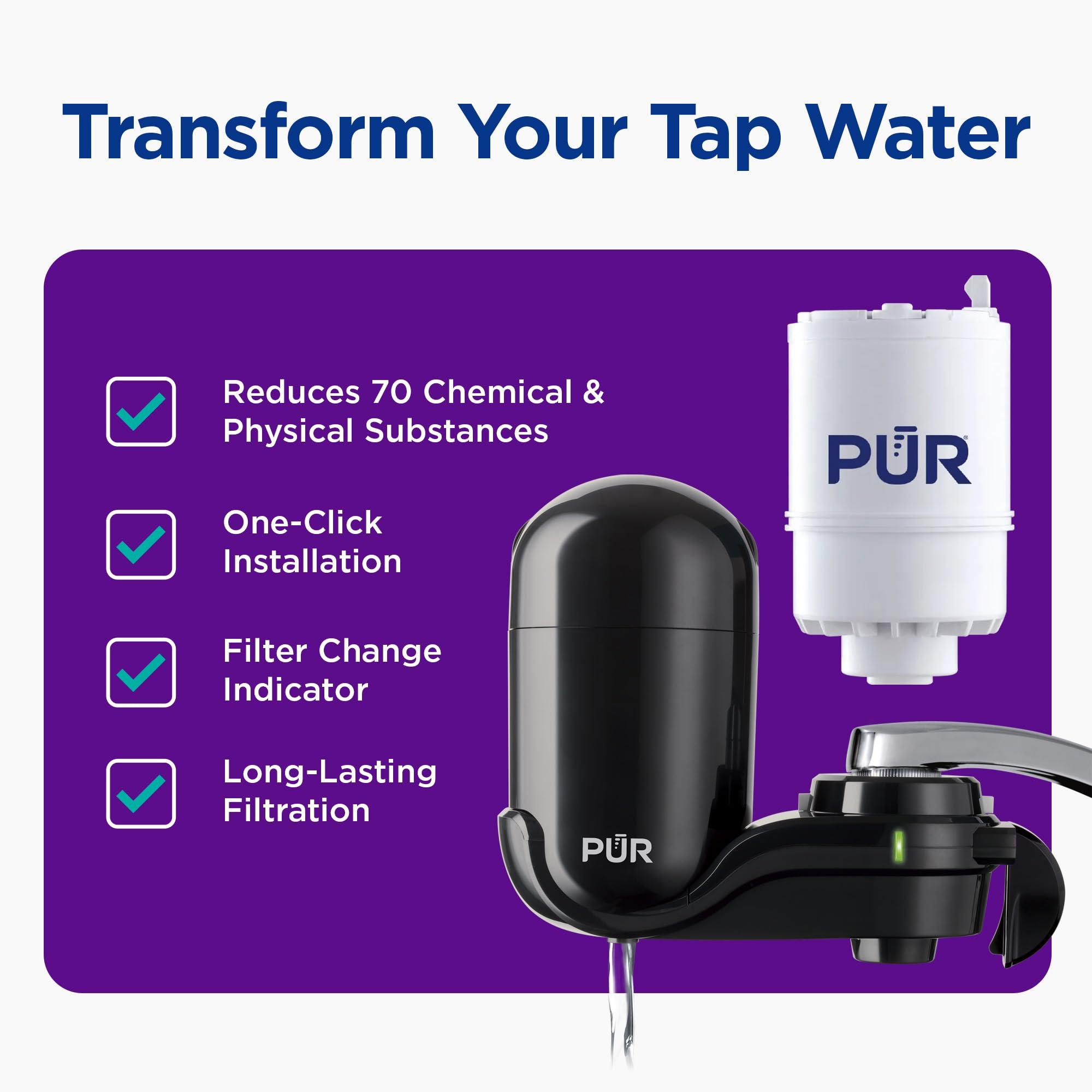 PUR PUR Vertical Faucet Mount Water Filtration System with Lead Reducing Filter for Cleaner, Filtered Tap Water, Lasts 100 Gallons, Sink Water Filter, Fits Most Kitchen or Bathroom Faucets, Black