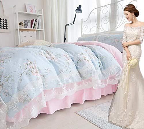 Mbay Mbay Girls Blue Pink Lace Bed Set Twin, Chic Flower Print Duvet Cover Cotton, Princess Fashion Bed Skirt, 3PCS