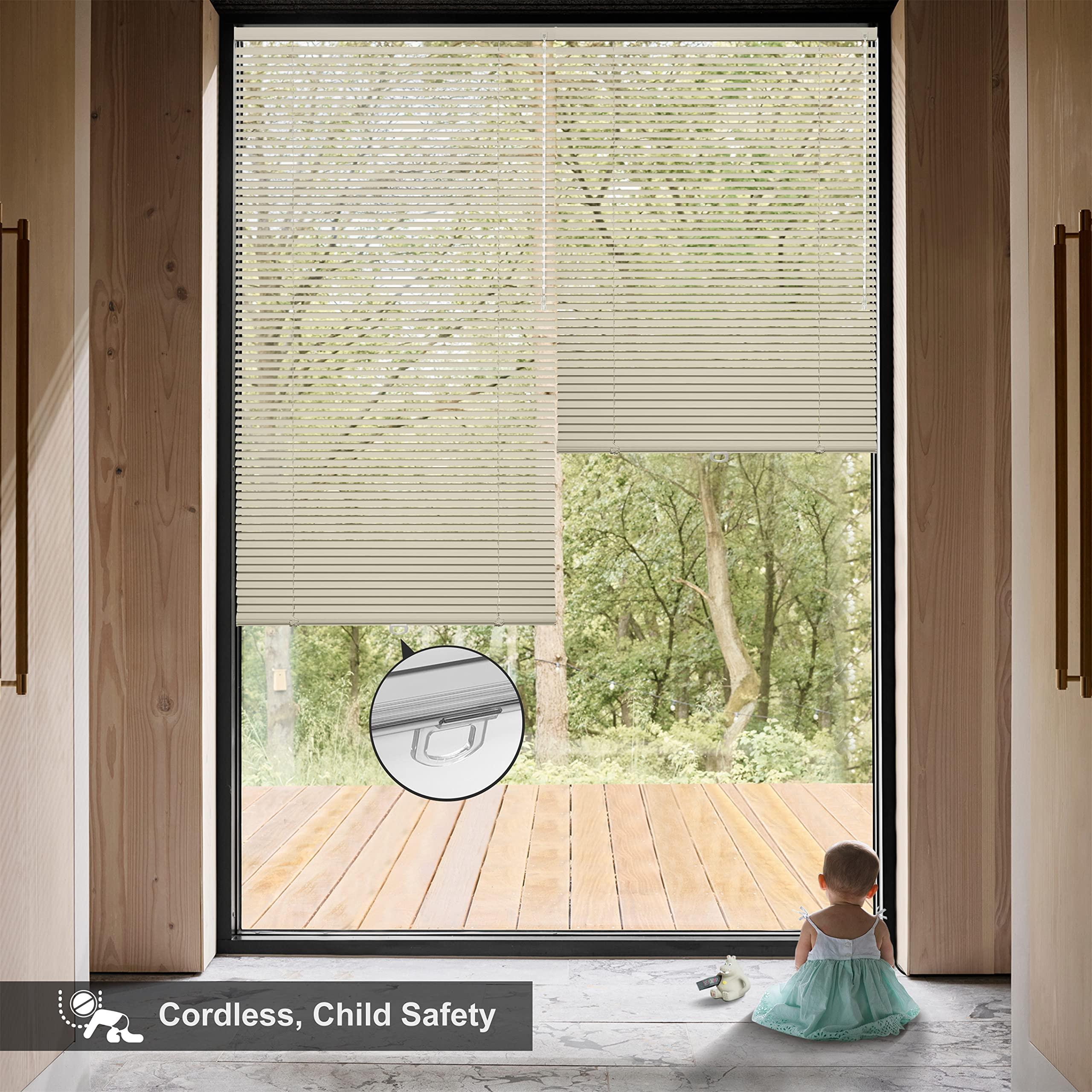Sulugood Sulugood Aluminum 1" Cordless Horizontal Mini Blinds Window Shades Custom Room Darkening Blinds & Shades for Home Office Bathroom Living Room Beige,24" W x 64" H