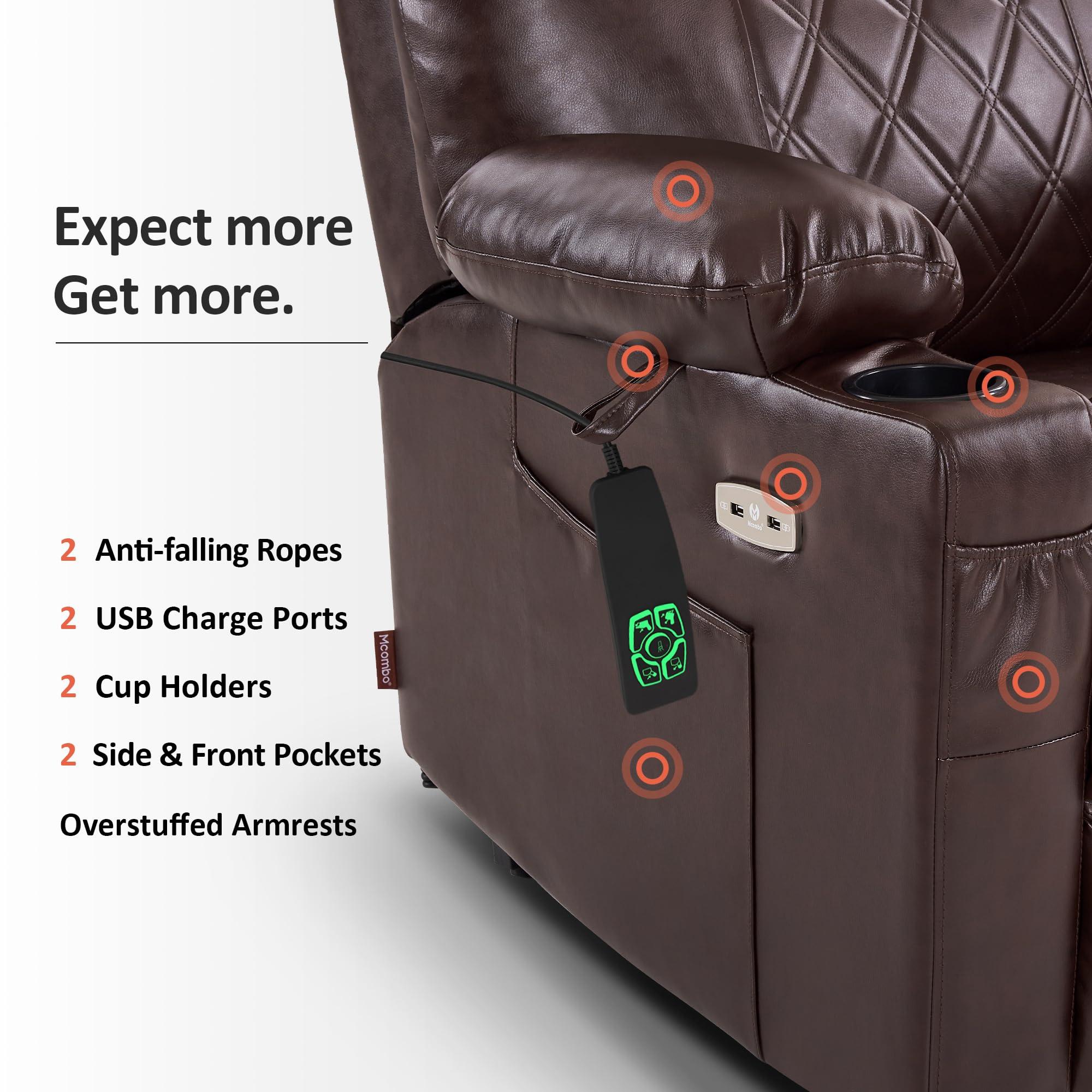 MCombo MCombo Small Size Power Lift Recliner Chair Sofa with Massage and Dual Heating, Adjustable Headrest for Elderly People Petite, USB Ports, Faux Leather 7111 (Dark Brown)